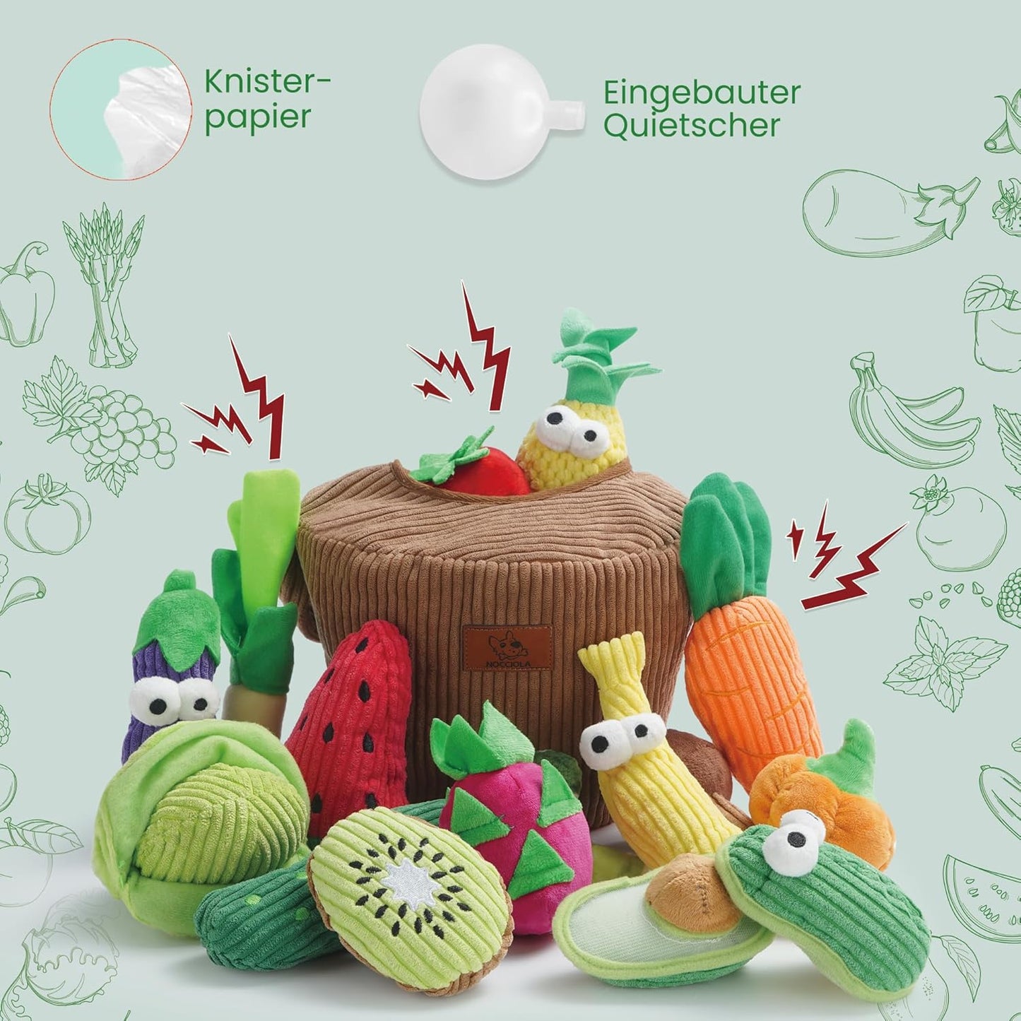 Interaktives Quietschspielzeug-Set für Hunde, 15 Stück Obst und Gemüse