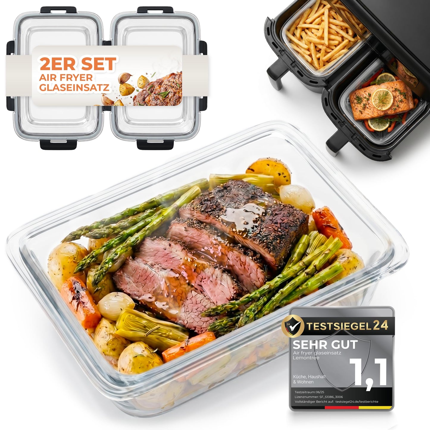 2er-Set Glasbehälter für Airfryer, 1040ml | 2er Set
