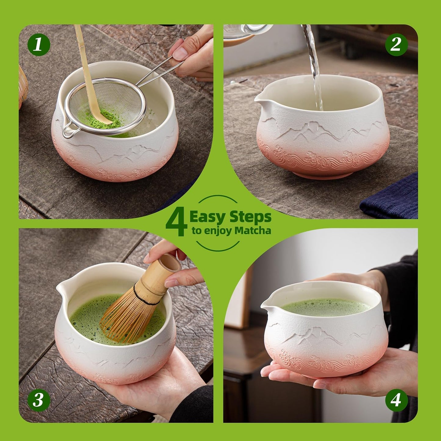 Matcha Teezubereitungsset (9-teilig) mit Schale und Tassen, 9Stück/Set, Schüssel-Set + 2 Tassen Farbverlauf, Rosa, Weiß