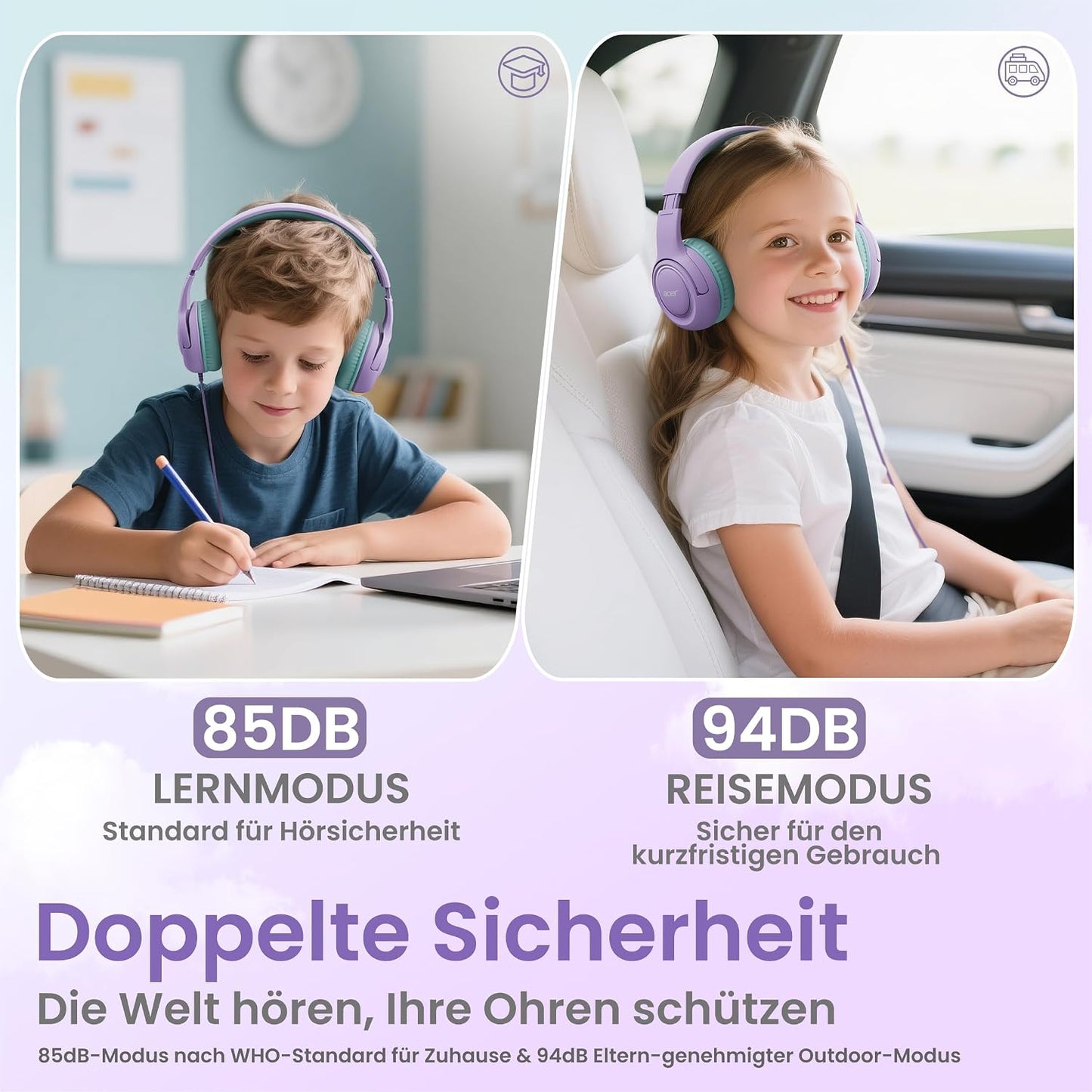 Kinder-Kopfhörer mit Lautstärkebegrenzung, Lila Grün
