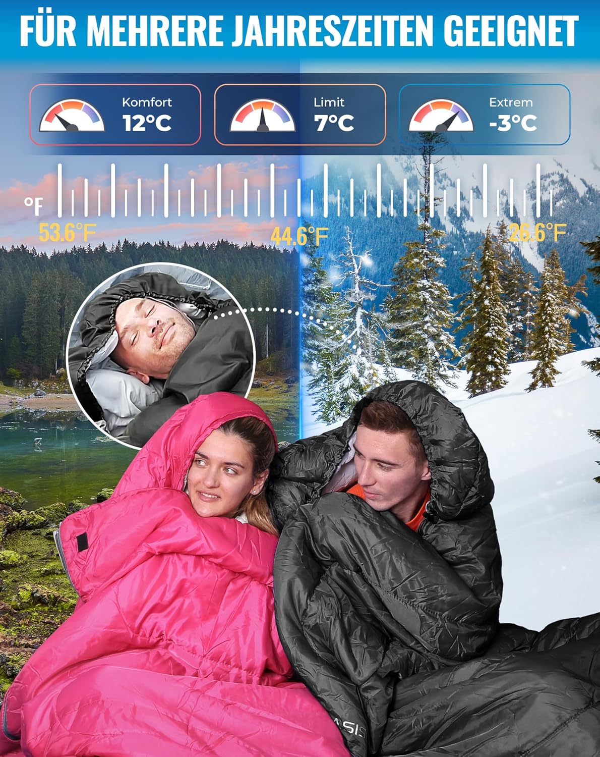 Schlafsack für kaltes Wetter, Schwarz L Zip 220×75cm