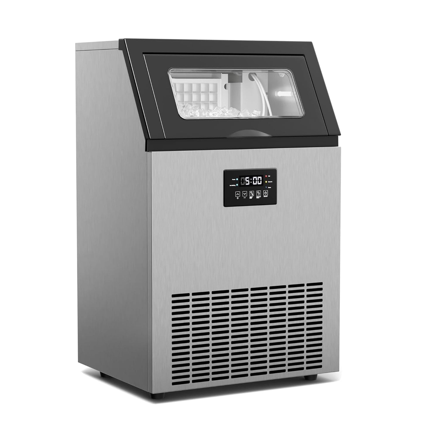 Eiswürfelmaschine mit Timer & Selbstreinigung (55 kg/24 h), 55 Kg / 24 H Schwarz & Edelstahl