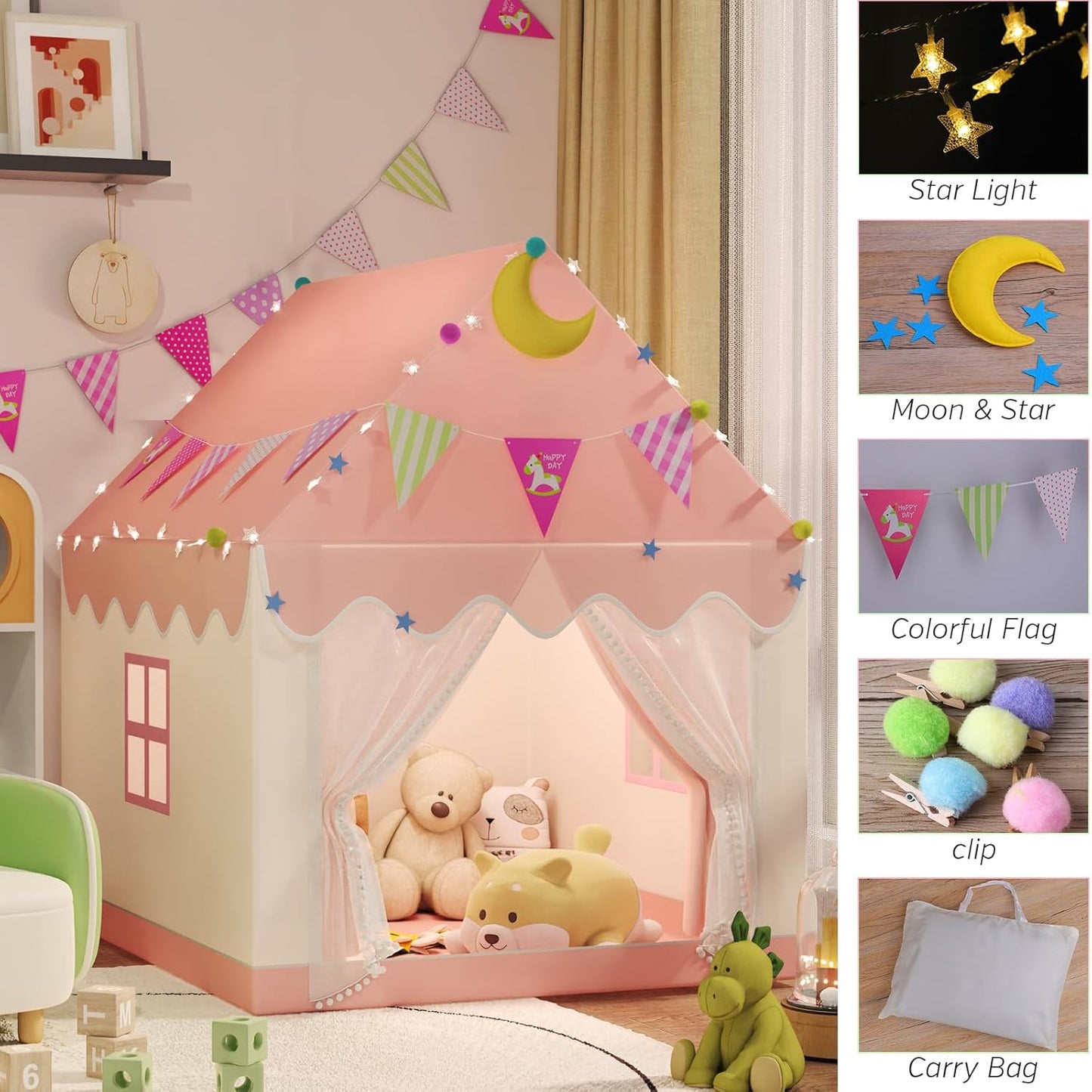 Spielzelt Kinder Indoor mit LED-Lichtern, Rosa