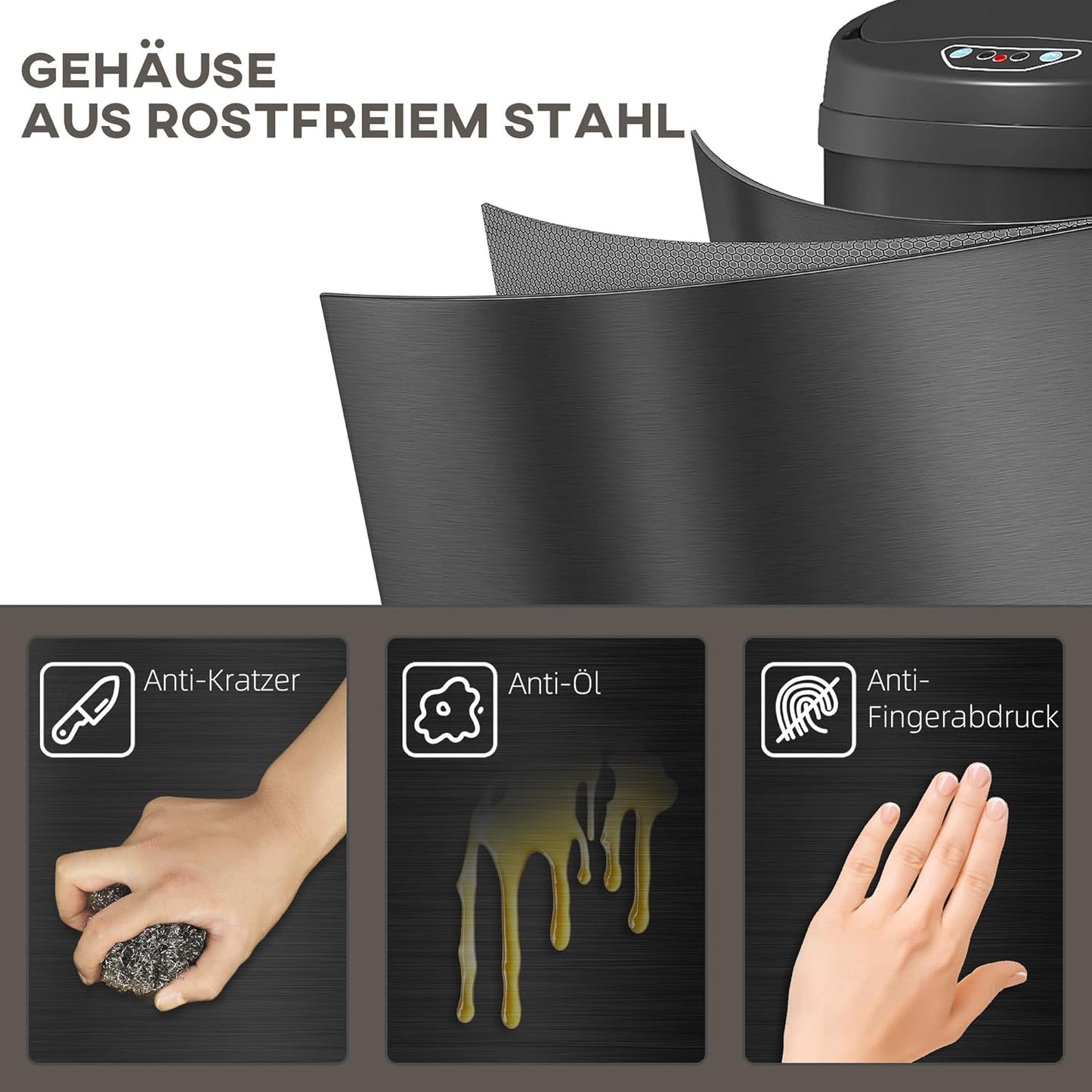 Automatischer Sensor-Mülleimer, 30 L Schwarz