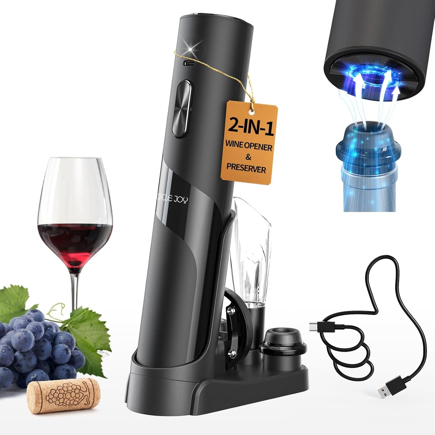 Elektrischer Korkenzieher mit Vakuumpumpe, 7-in-1 Weinset - Schwarz