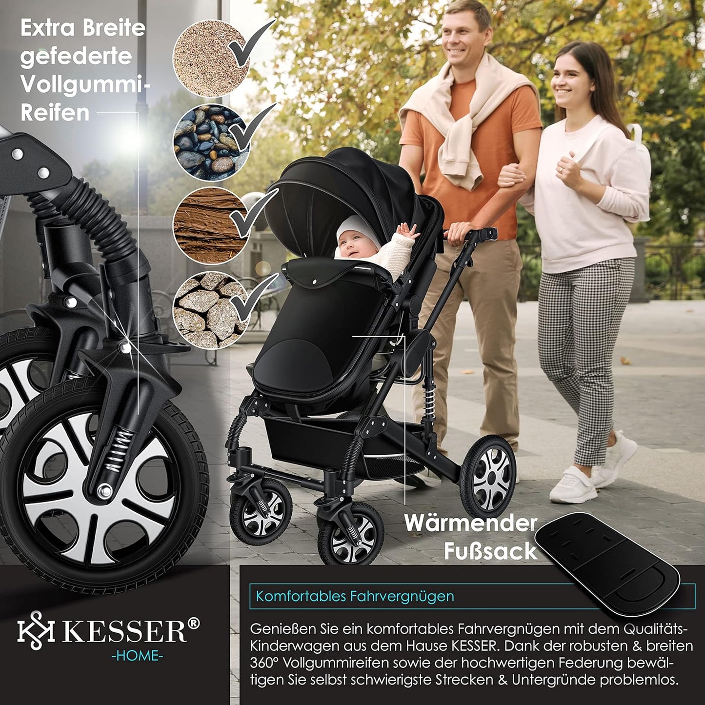 Loops 3 in 1 Kombikinderwagen-Set mit Babyschale, Schwarz / Schwarz