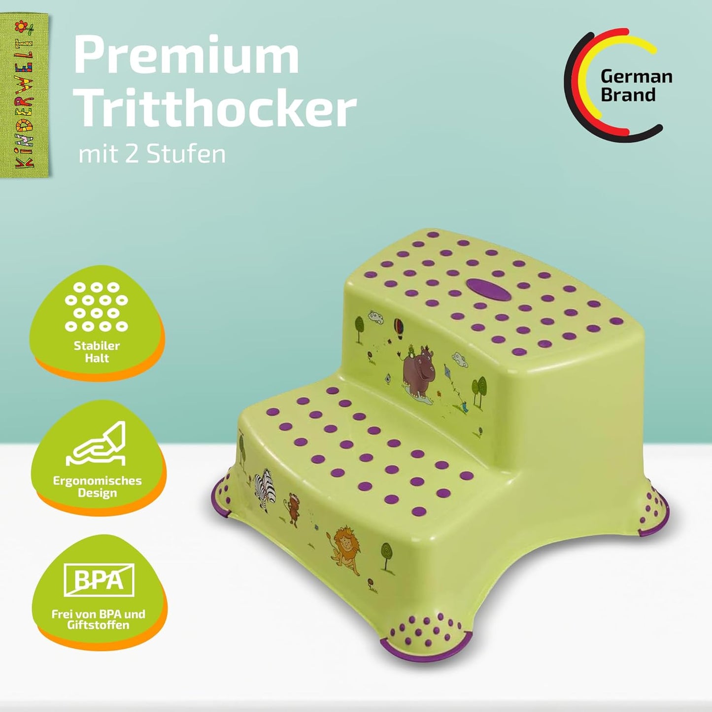 Zweistufiger Tritthocker für Kinder ab 3 Jahren, Hippo Grün
