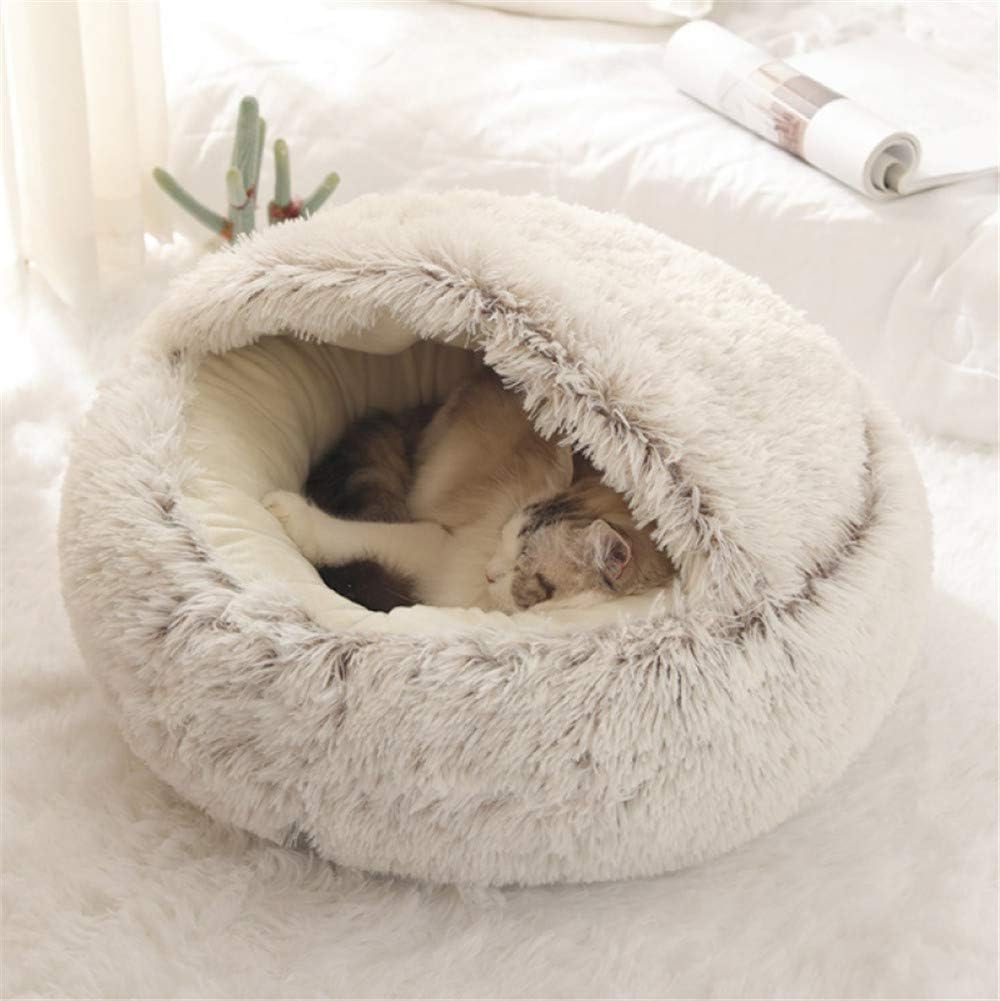 Flauschiges Katzenbett mit Kapuze, rutschfest, waschbar, Kurzer Plüsch