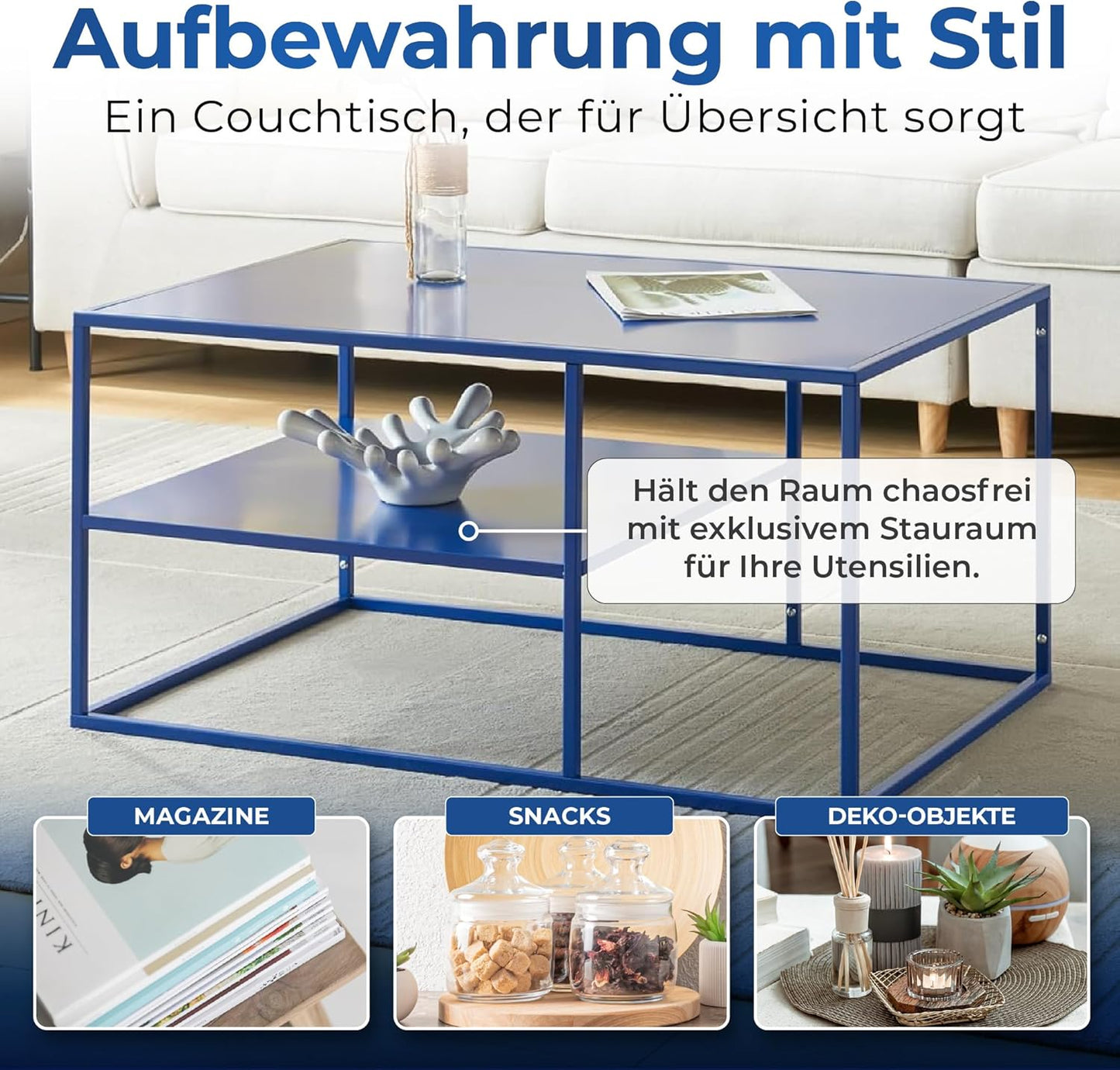 Rechteckiger Couchtisch Solund, Dunkelblau 90 x 60 x 45 cm