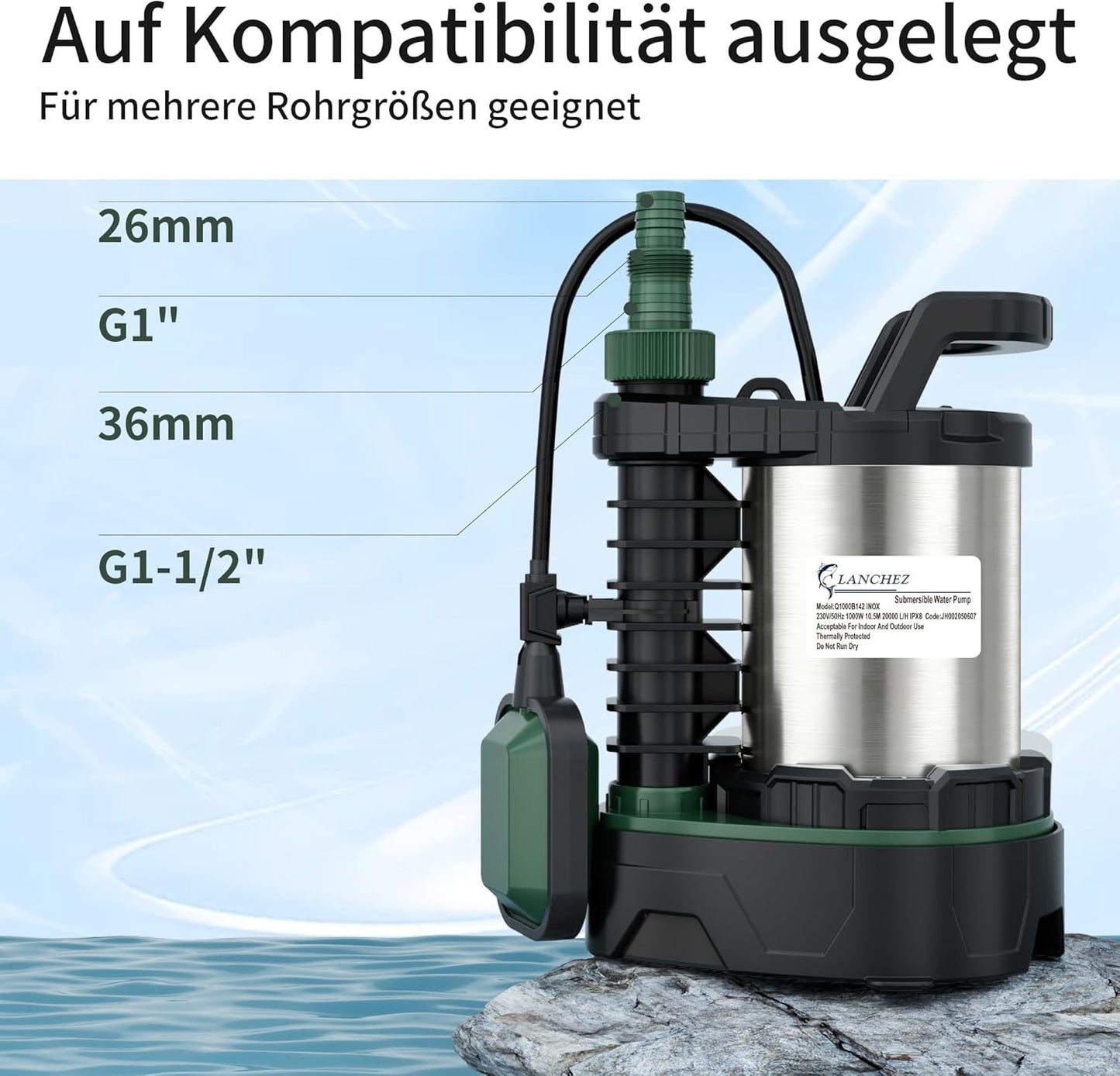 Tauchpumpe mit Schwimmerschalter, Silber und Schwarz
