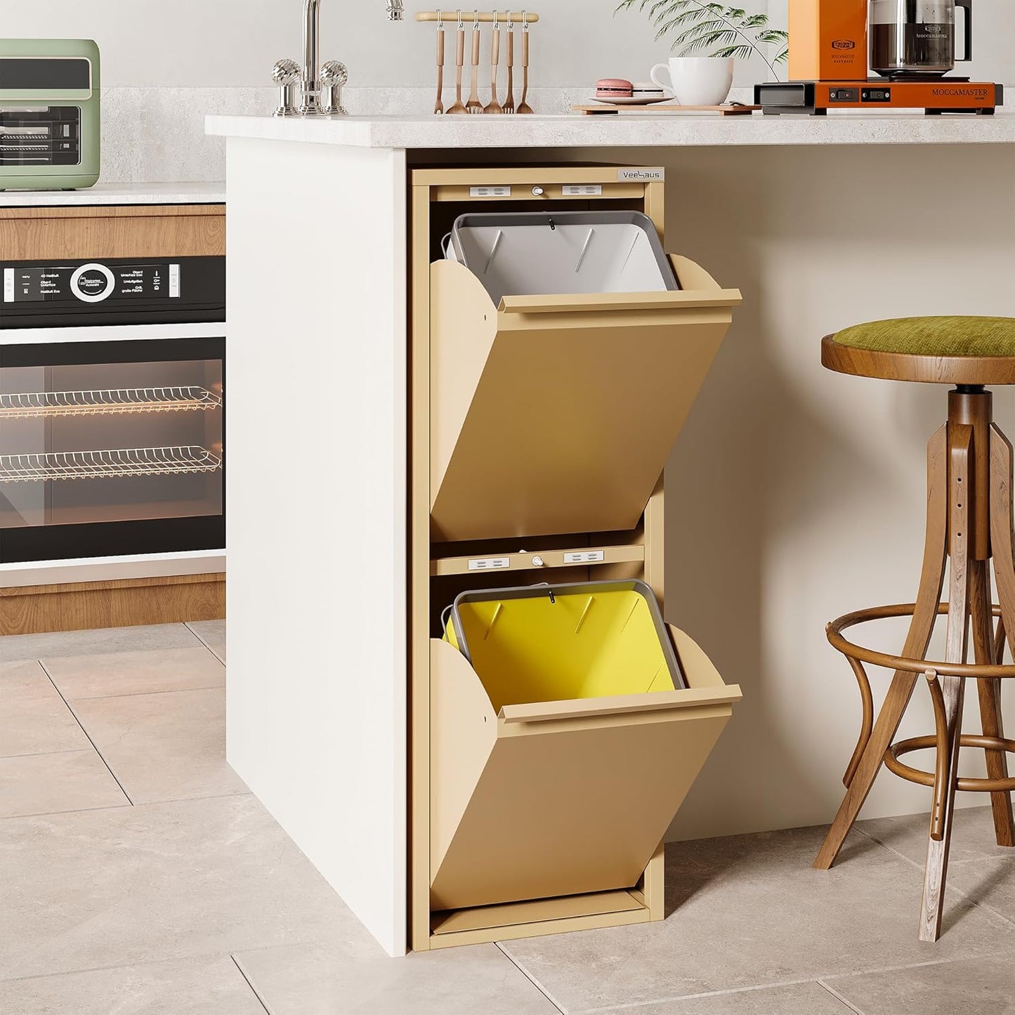 Küchenmülleimer mit Klappdeckel, 2x15L, 2 x 15 L Beige