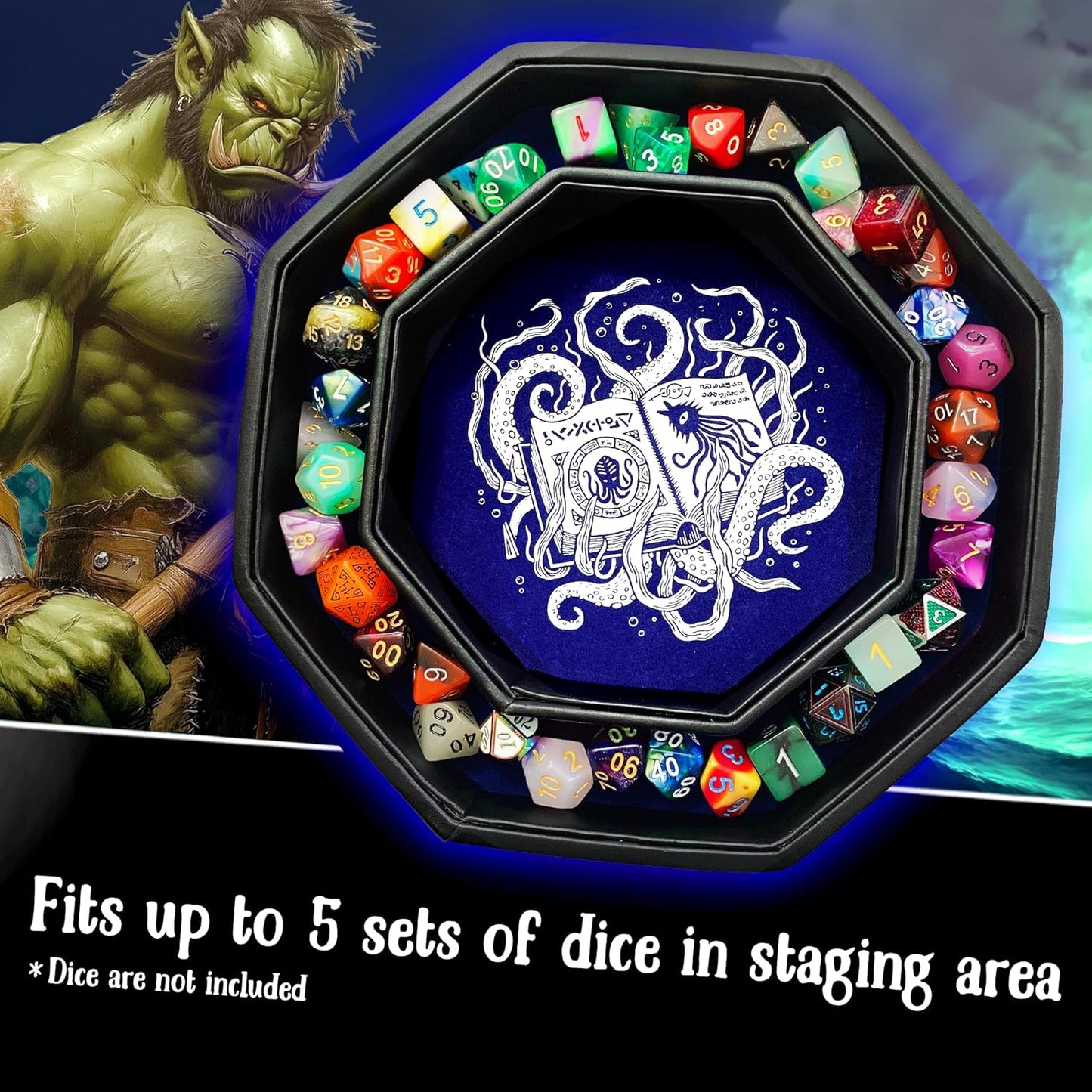 Achteckiges Thulhu Tome Würfeltablett mit Deckel für RPGs, Blue