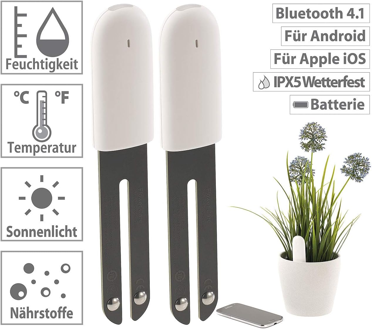 2er-Set 4in1 Pflanzensensoren mit App-Steuerung