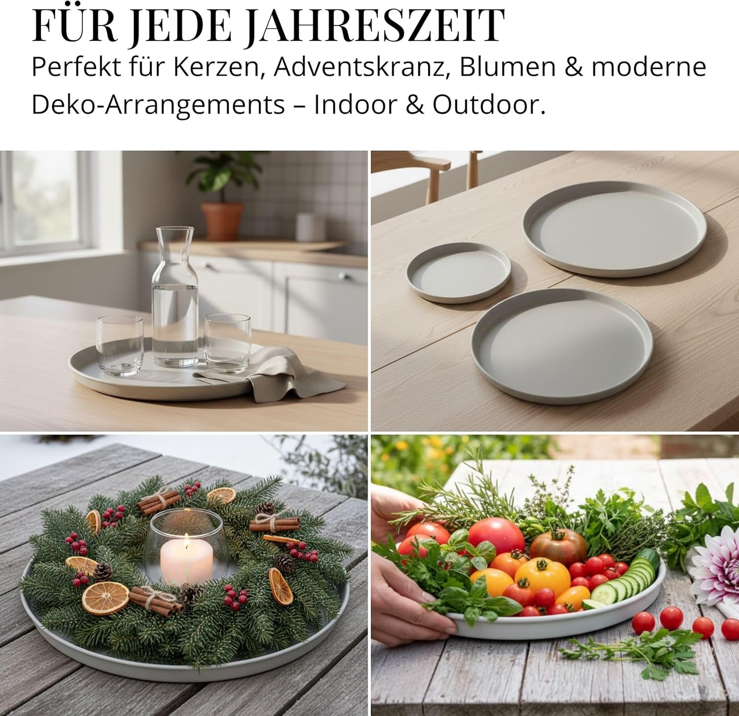 Rundes Deko-Tablett-Set (3 Stück) für ganzjährige Dekoration, Greige