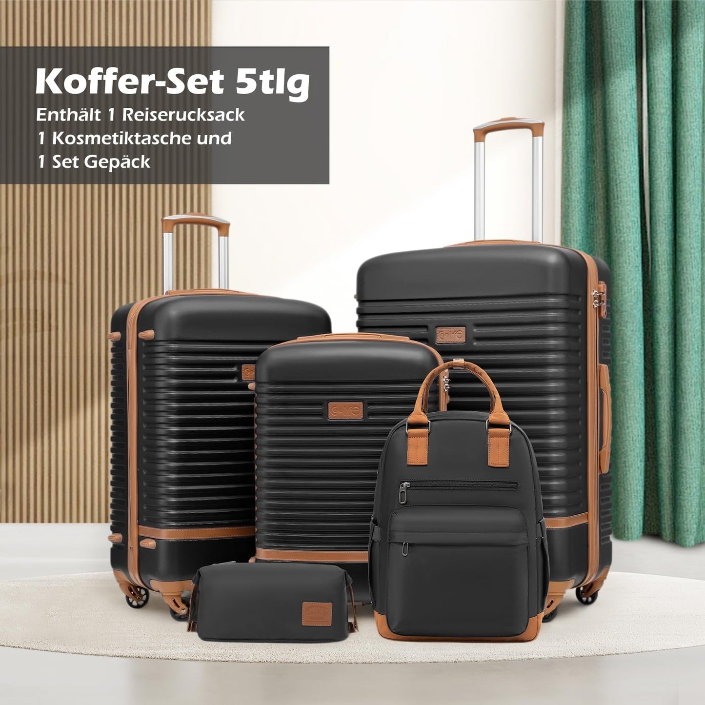 5-teiliges Trolley-Set mit Reiserucksack und Kulturbeutel, Koffer-Set 5tlg / Schwarz/Braun