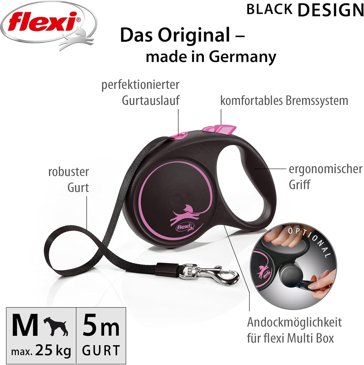 Roll-Leine Black Design M, Schwarz / Pink M: 5m (max. 25kg)