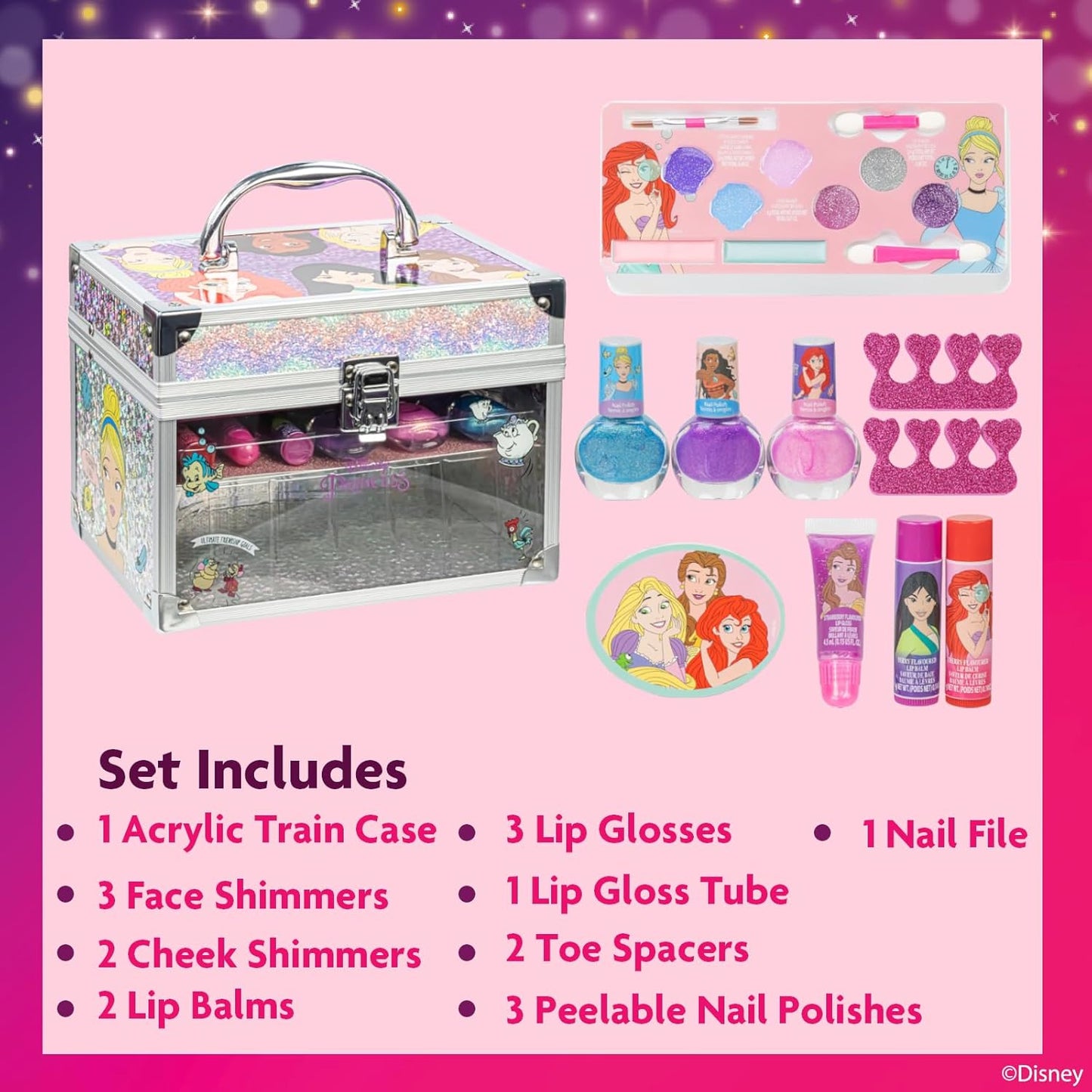Disney Princess Schminkset mit Schönheitskoffer für Kinder, Neon Blau Glitzer, Rosa Glitzer Violett