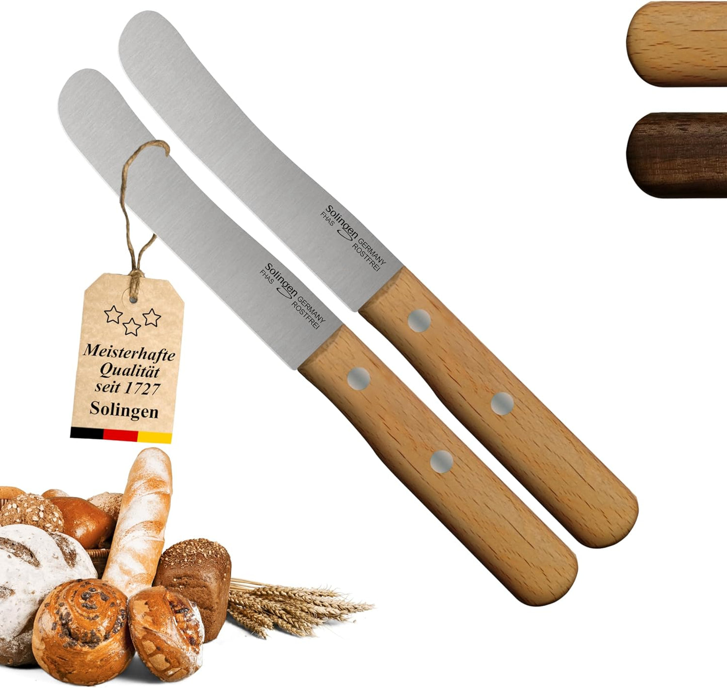 Buckelmesser-Set (2er, Frühstücks- & Brötchenmesser), 2x Buche