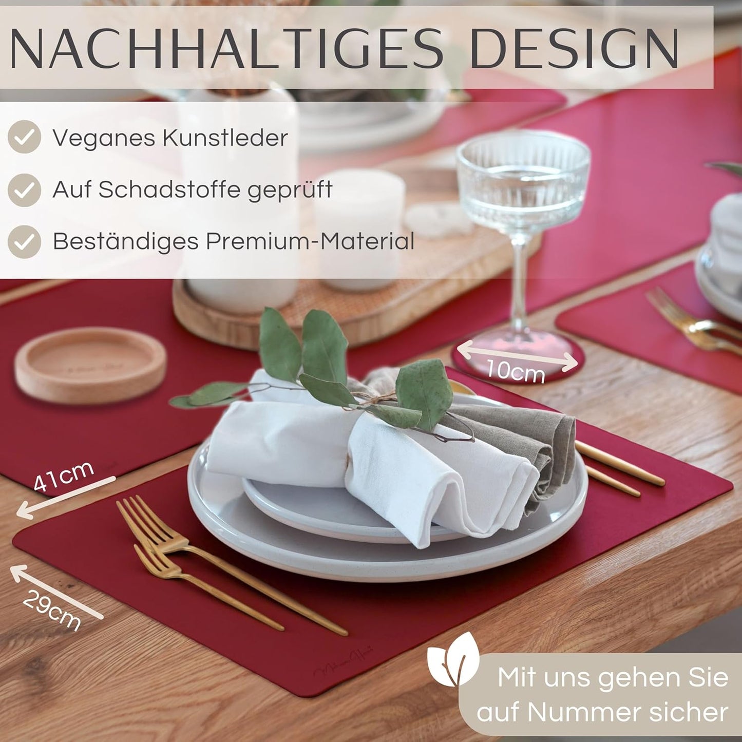 6er-Set Tischset, abwaschbar, Bordeaux Eckig mit Halter