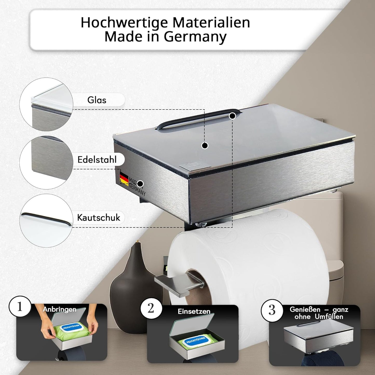 2-in-1 Toilettenpapier- und Feuchttuchhalter, Gehäuse Matt Abdeckung Edelstahl Befüllbar Von Links