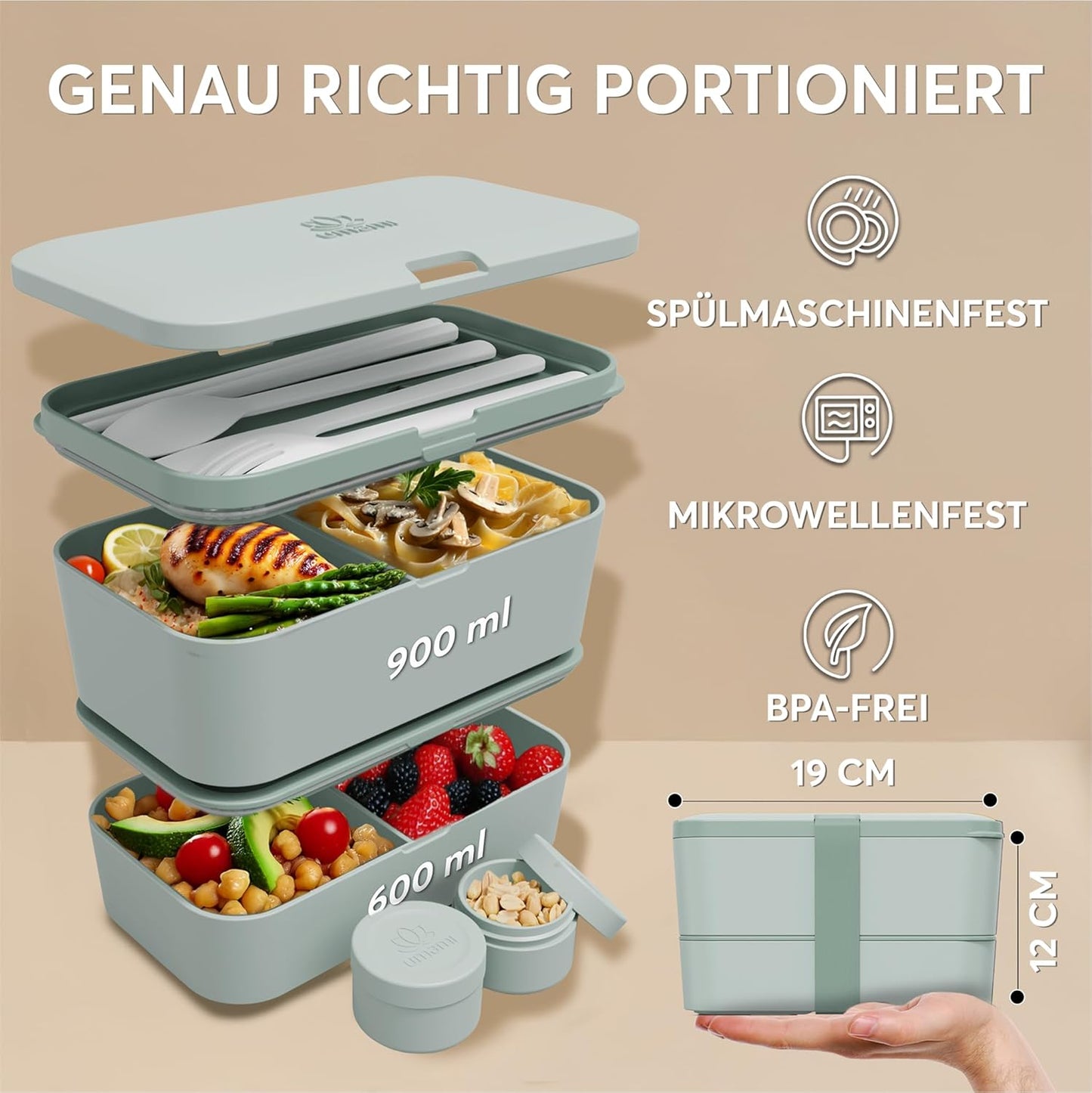 Verschachtelte Bento Lunchbox mit Besteck & Fächern, Schiefergrün L - 1500 ml