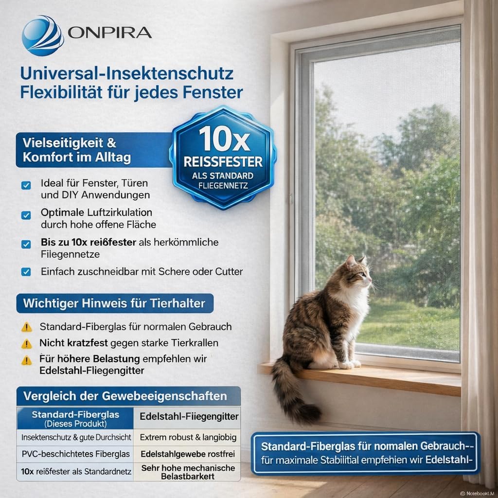 Fliegennetz Meterware für Fenster & Türen, Weiss 150cm x 10m