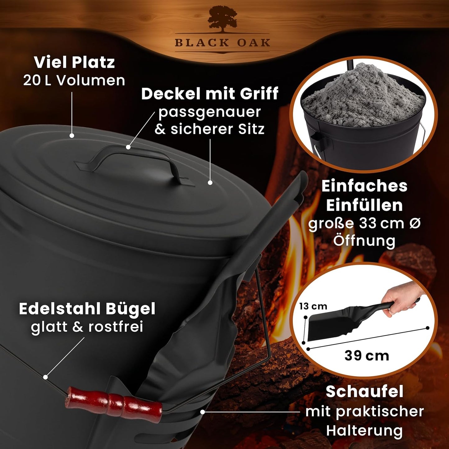 Asche- und Kohleeimer Stromboli mit Deckel & Schaufel, Bügel schwarz ohne Besen