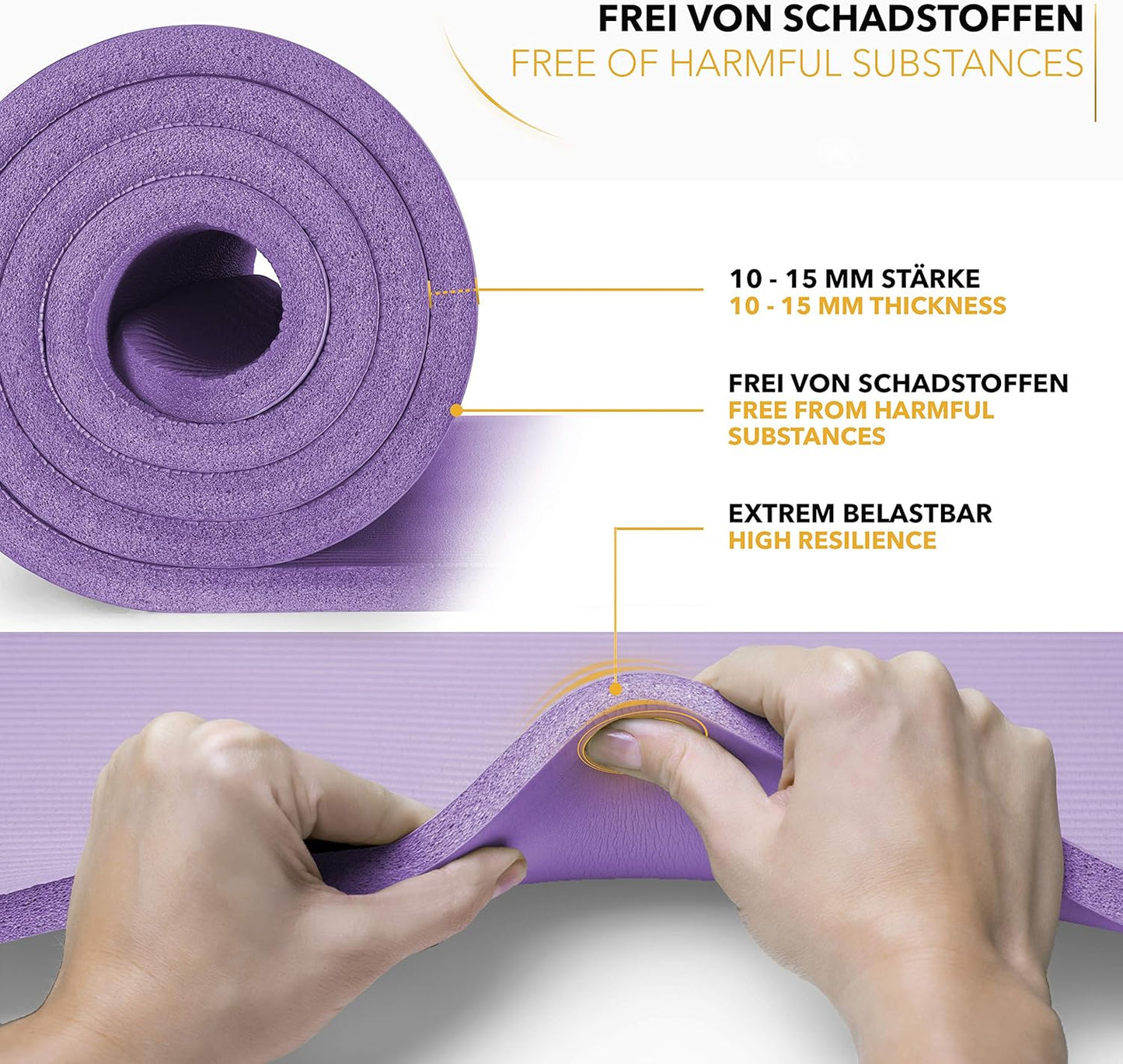 Rutschfeste Gymnastik- und Pilatesmatte mit Tragegurt, Violett 185 x 60 x 1,5cm