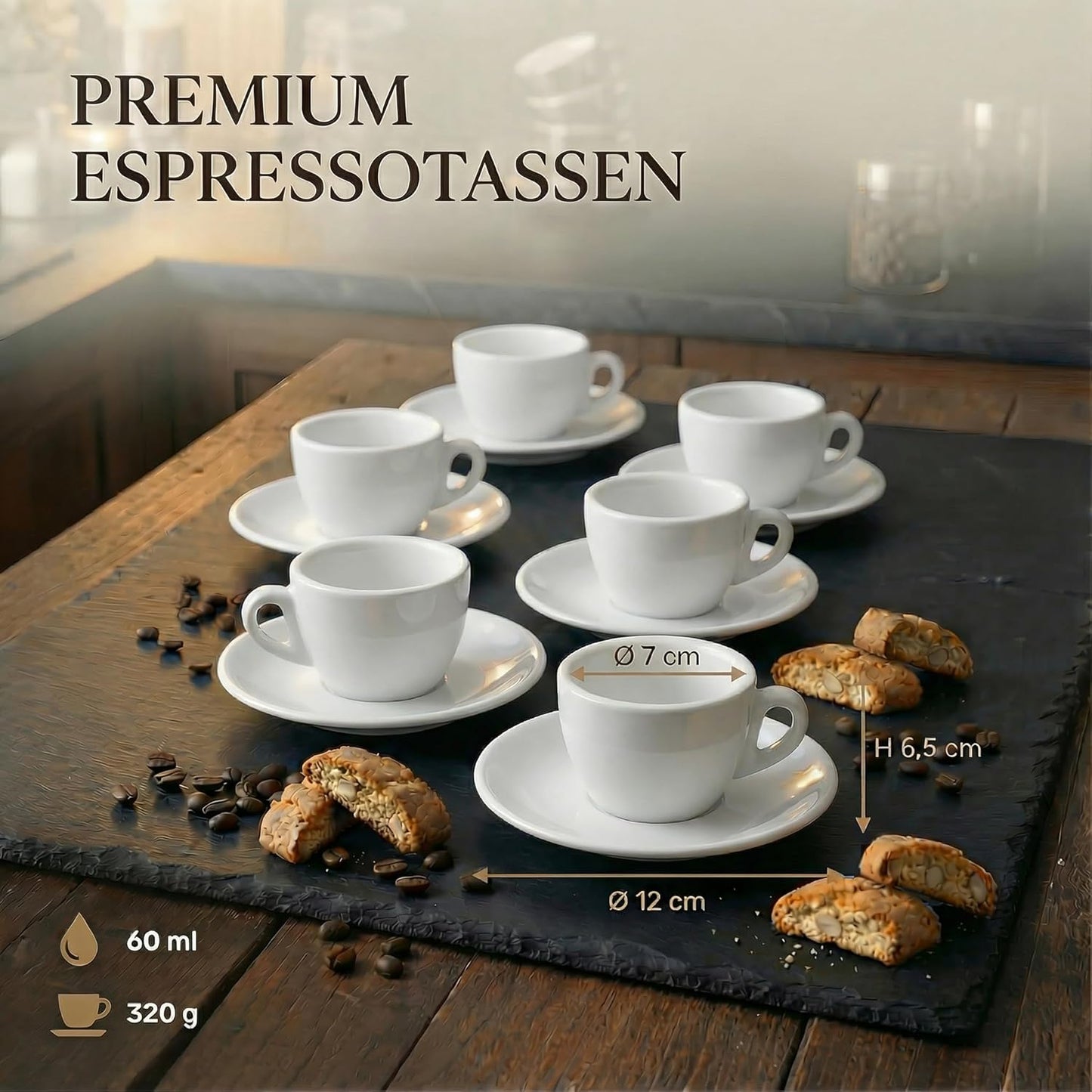 6er-Set Espressotassen mit Untertassen, Weiss 60 ml