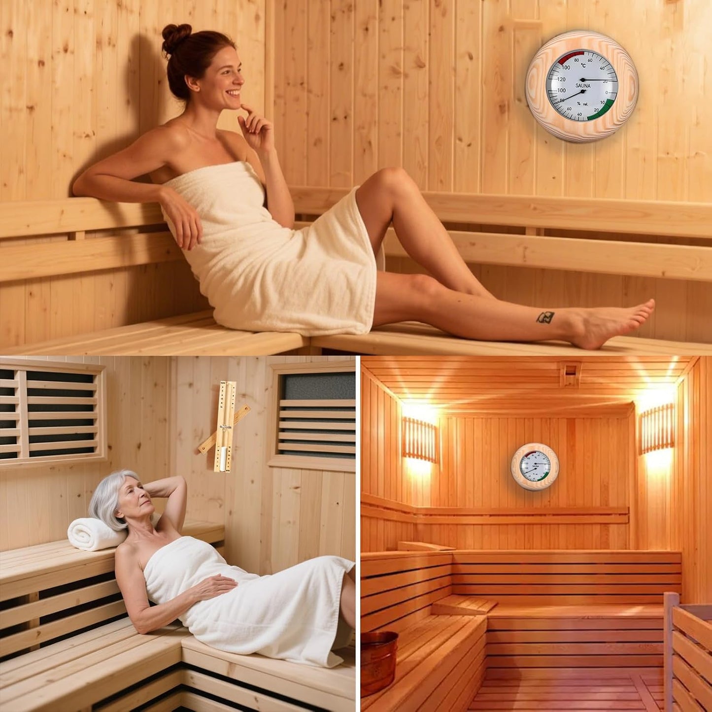 Sauna-Thermometer mit Sanduhr, Natürliche Holzfarbe