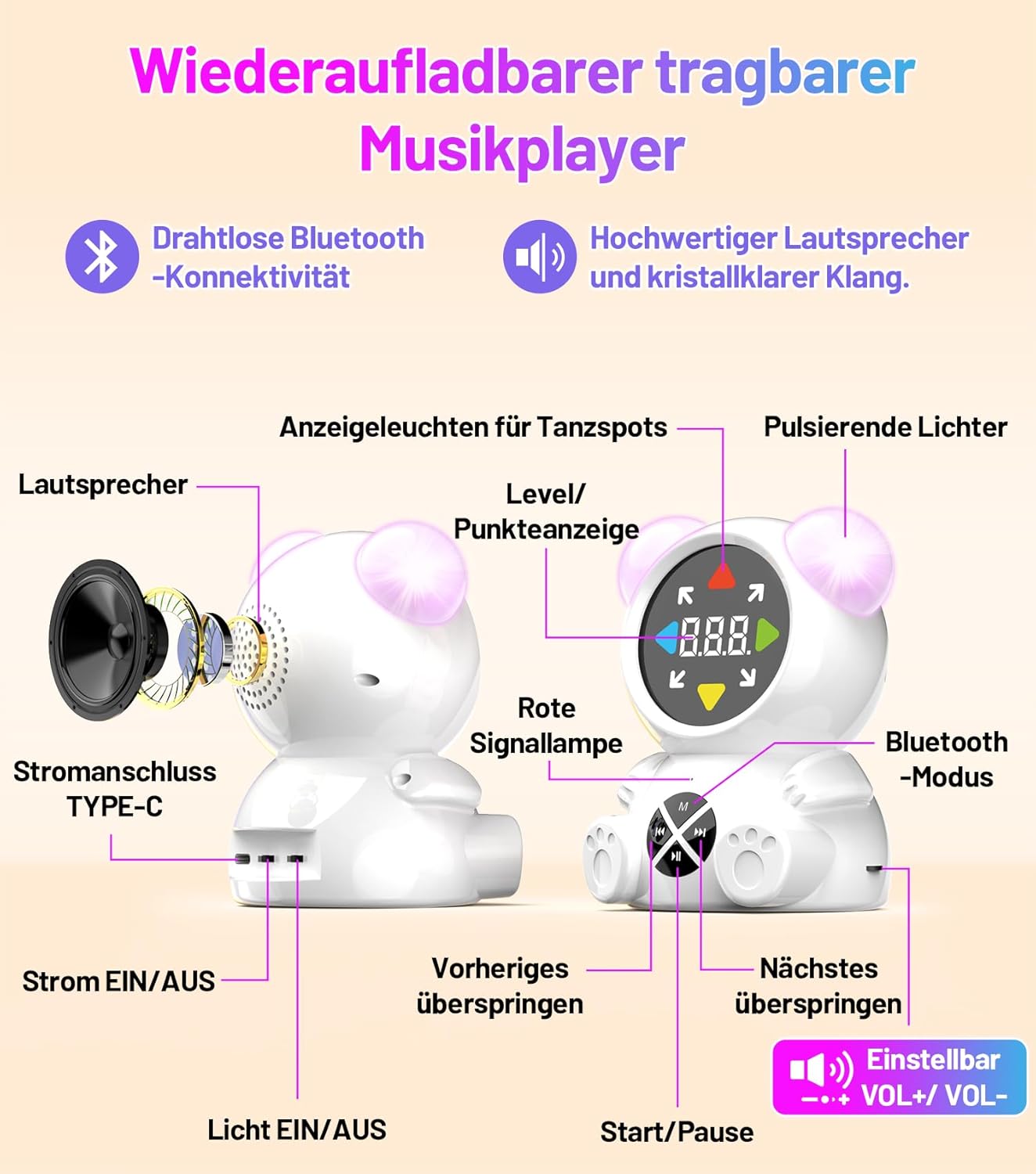 Tanzmatte mit Bluetooth-Musikplayer für Kinder, Mehrfarbig A