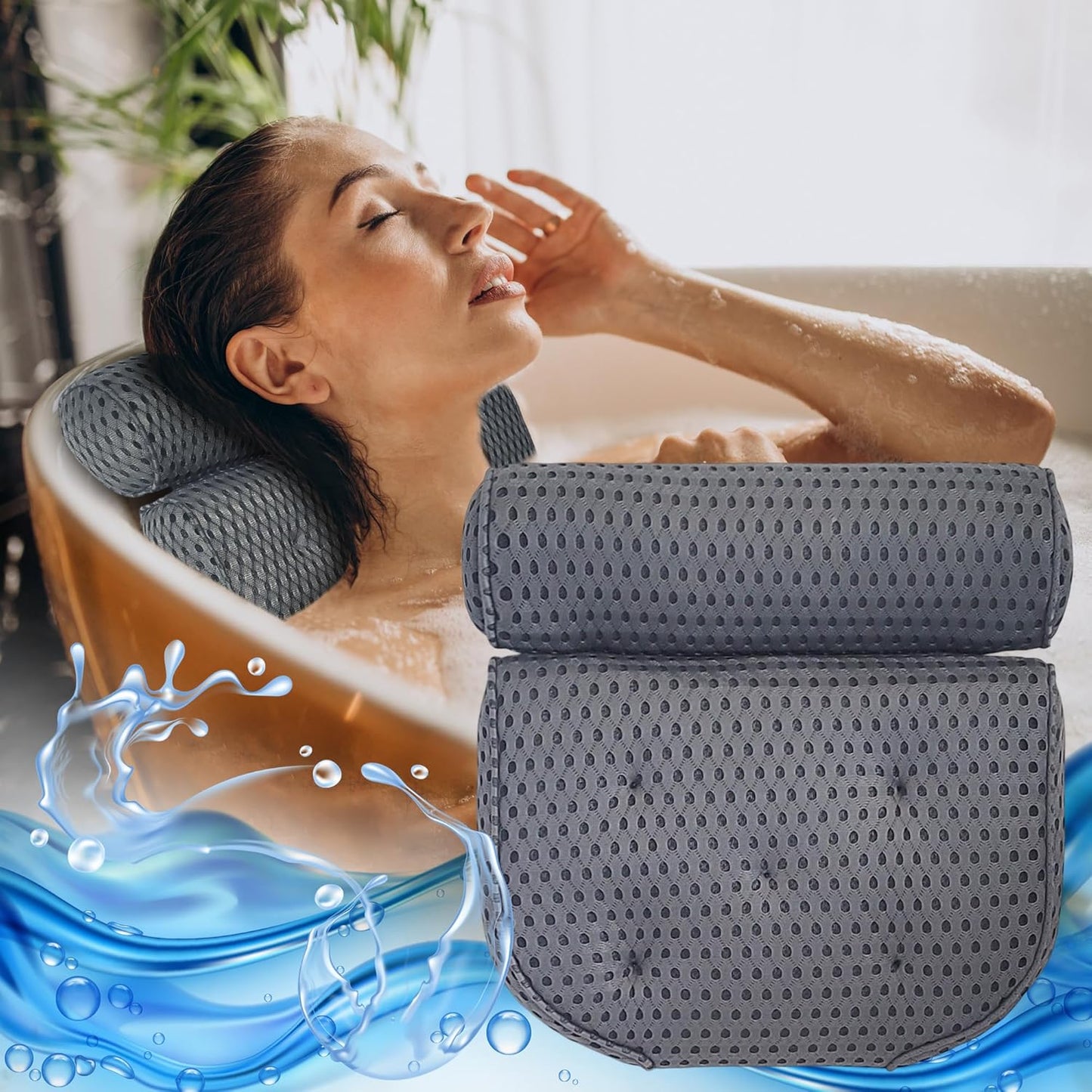 Ergonomisches Badewannenkissen mit 7 Saugnäpfen, Grau extra dick