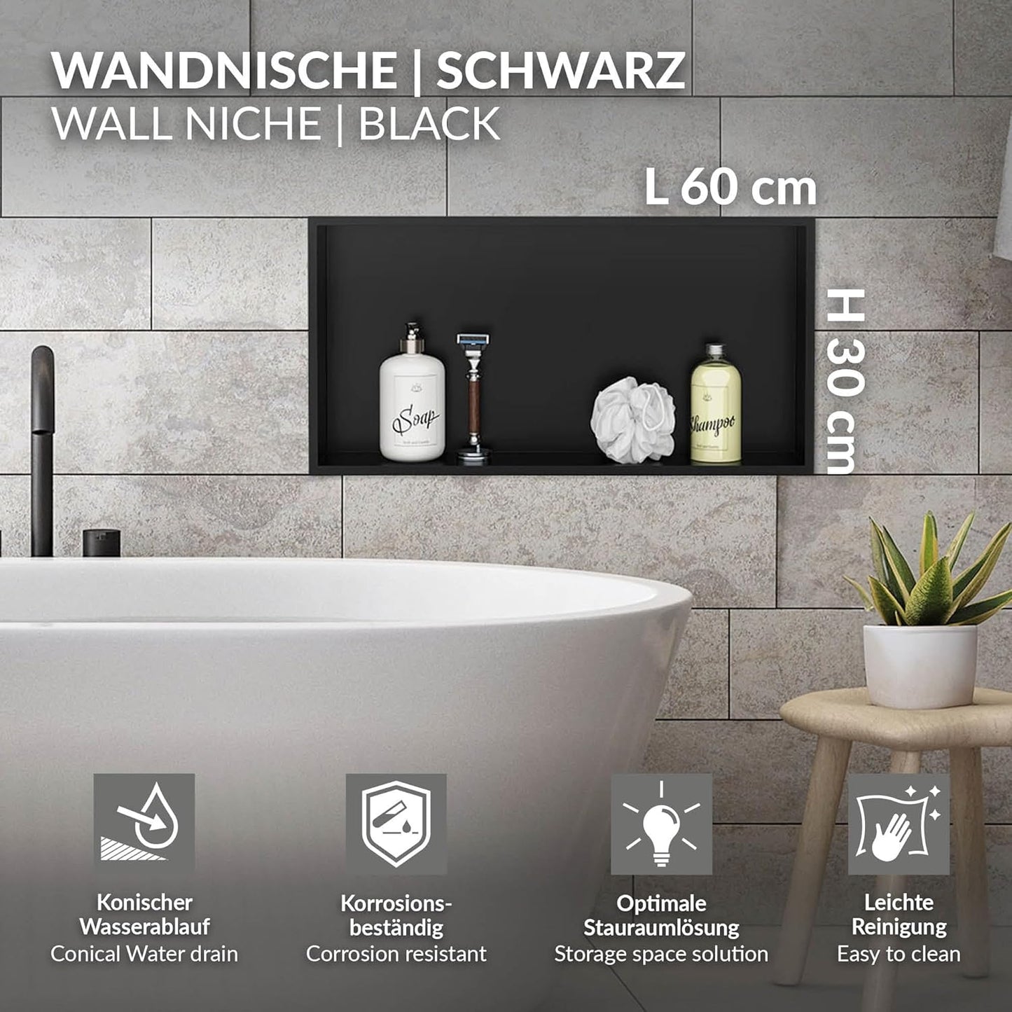 Wandnische für Badezimmer, 60 x 30 x 10 cm, 60x30x10 cm Schwarz