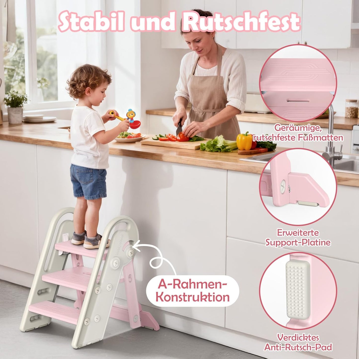 Höhenverstellbarer Tritthocker für Kinder, klappbar, Rosa