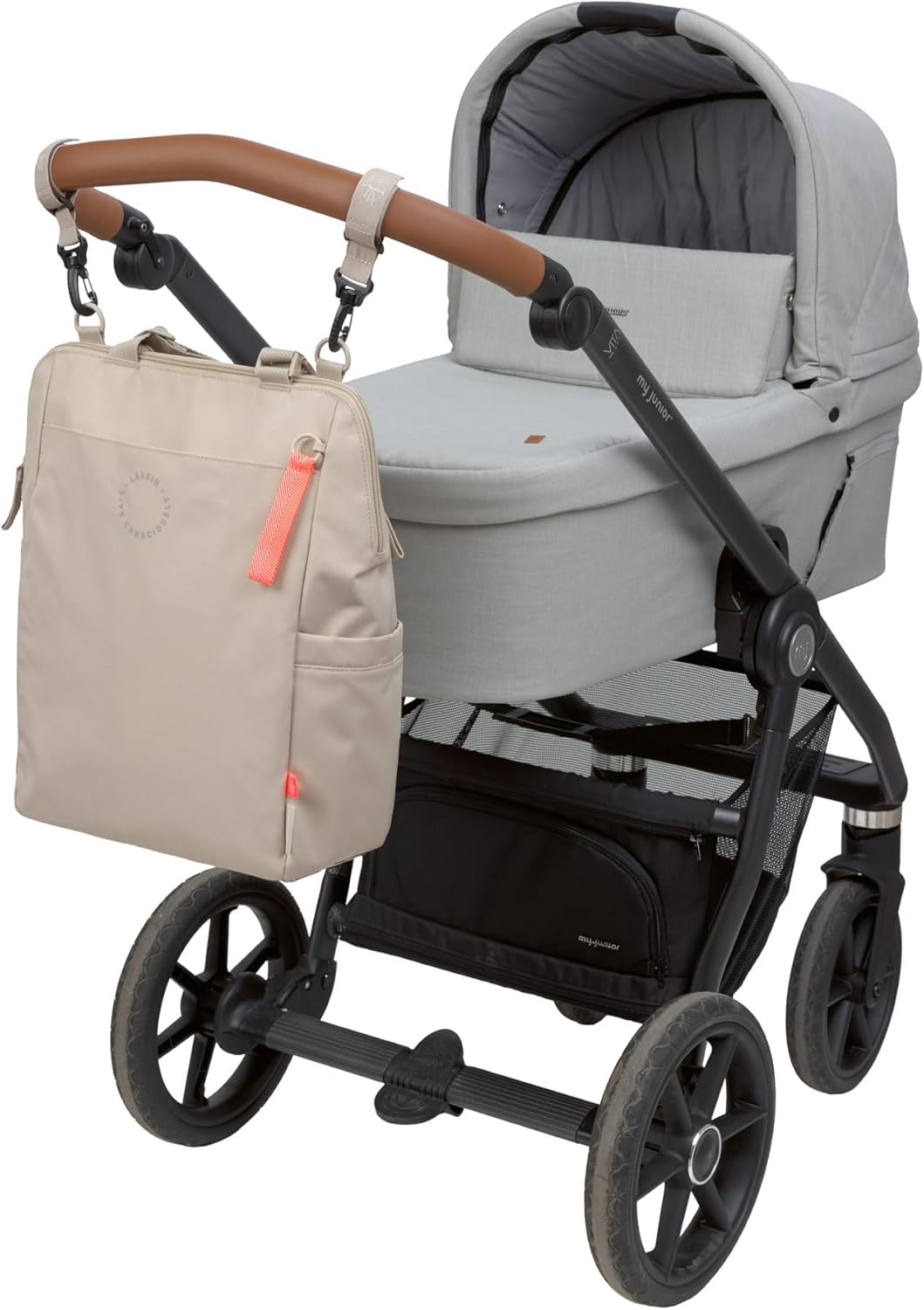 Wickelrucksack mit Wickelunterlage und Kinderwagenbefestigung, Beige