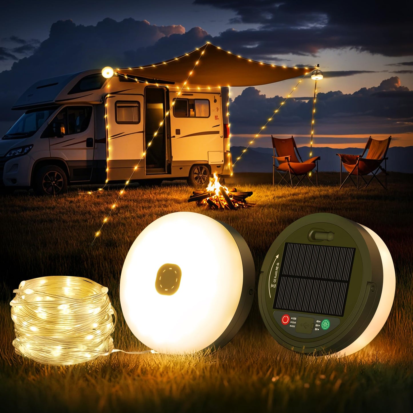 3-in-1 Camping Lichterkette mit Solar & USB Ladeoption, Solar & Usb Laden Grün