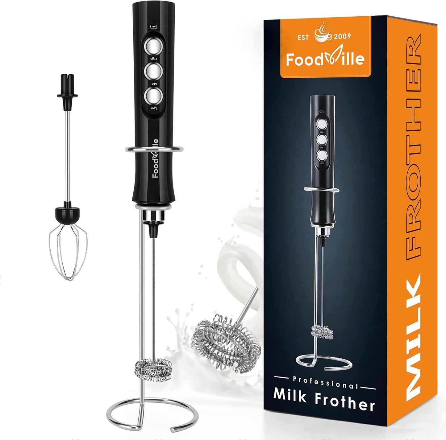 Wiederaufladbarer 2-in-1 Milchaufschäumer Stab, Schwarz
