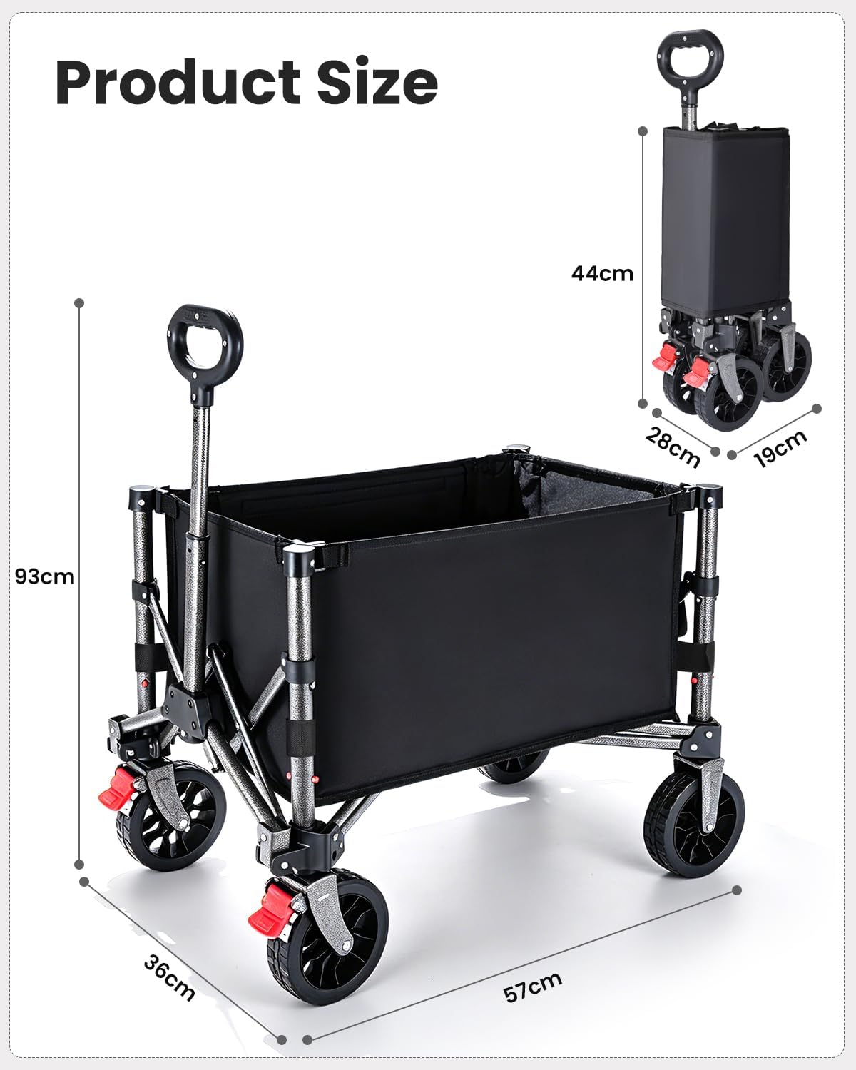 Faltbarer Bollerwagen mit verstellbarem Griff 70L, Tiefschwarz 70L