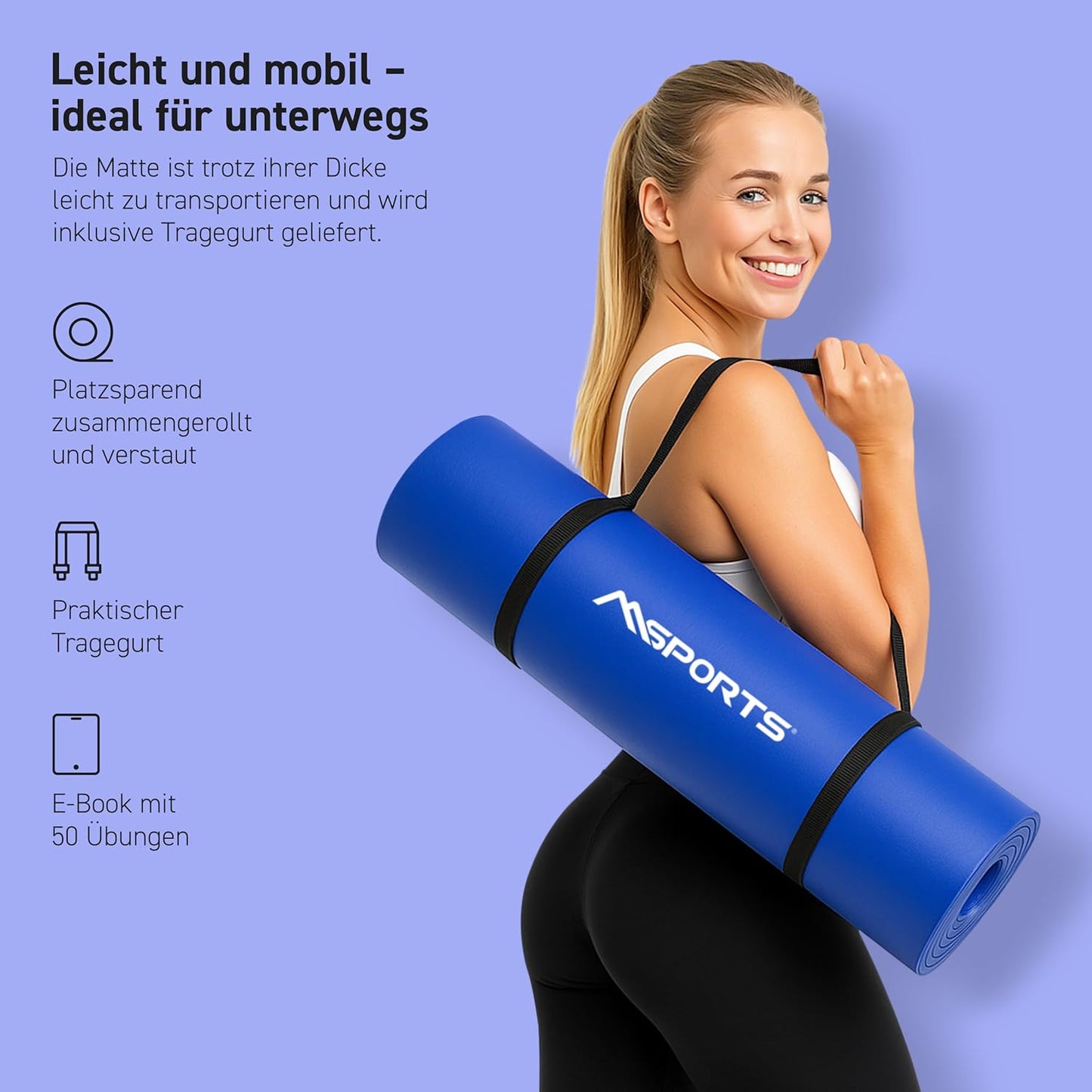 Gymnastikmatte mit Übungsposter und Workout App, Royalblau 190 x 100 x 1,5 cm