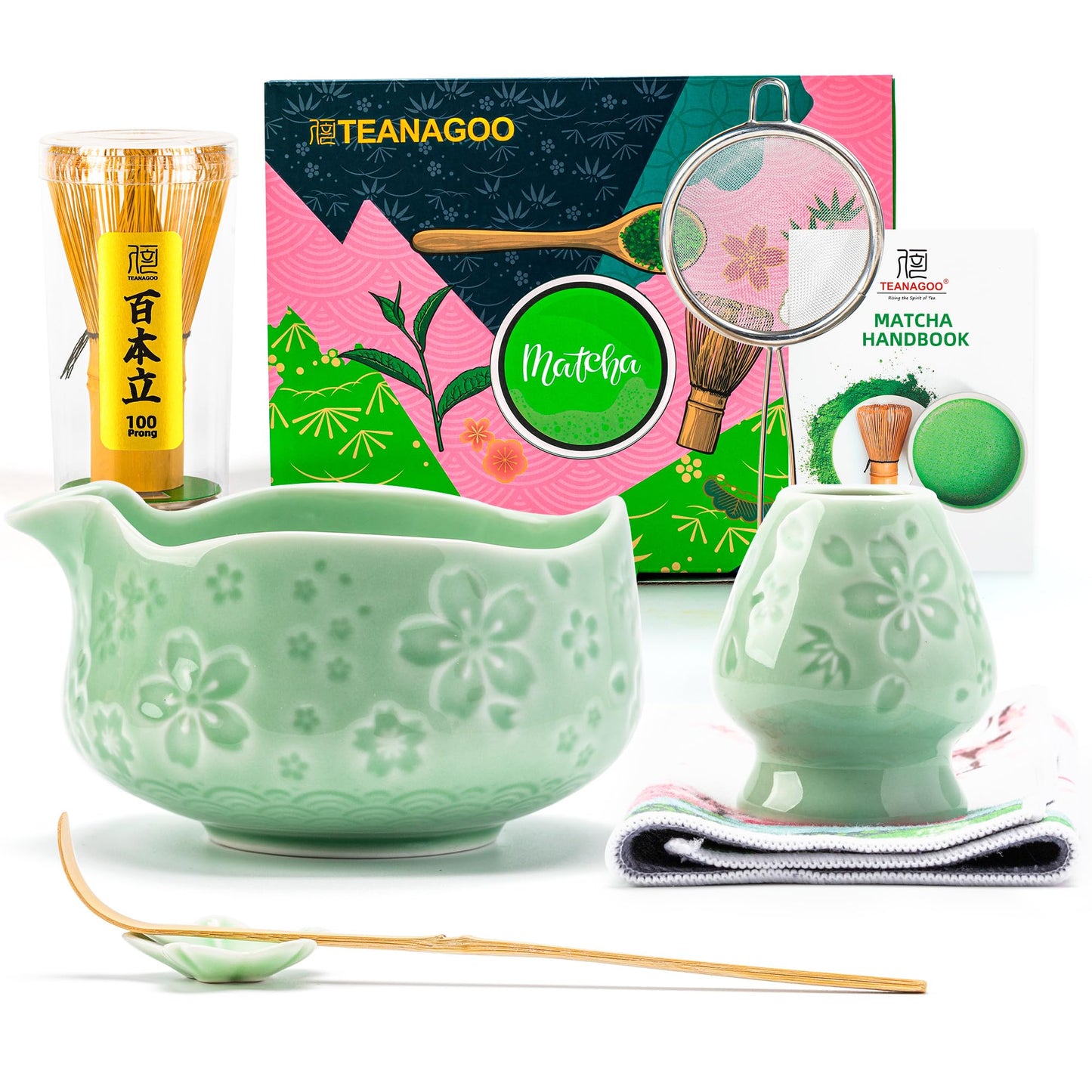 7-teiliges Matcha-Zeremonie-Set, 7Stück/Set, Schüssel mit Ausgießer Blau Grün