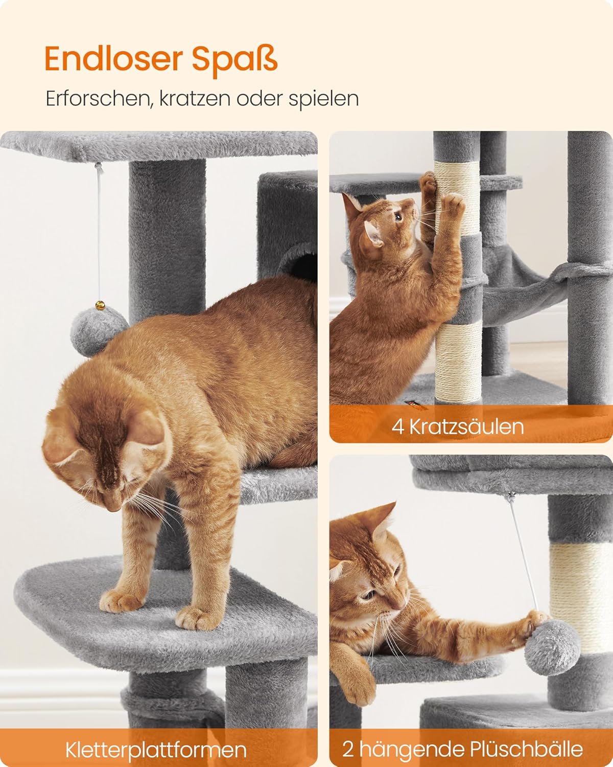 Mehrstöckiges Katzenhaus mit Kratzsäulen und Hängematte, PCT261W01, M (45 x 35 x 112 cm) Hellgrau