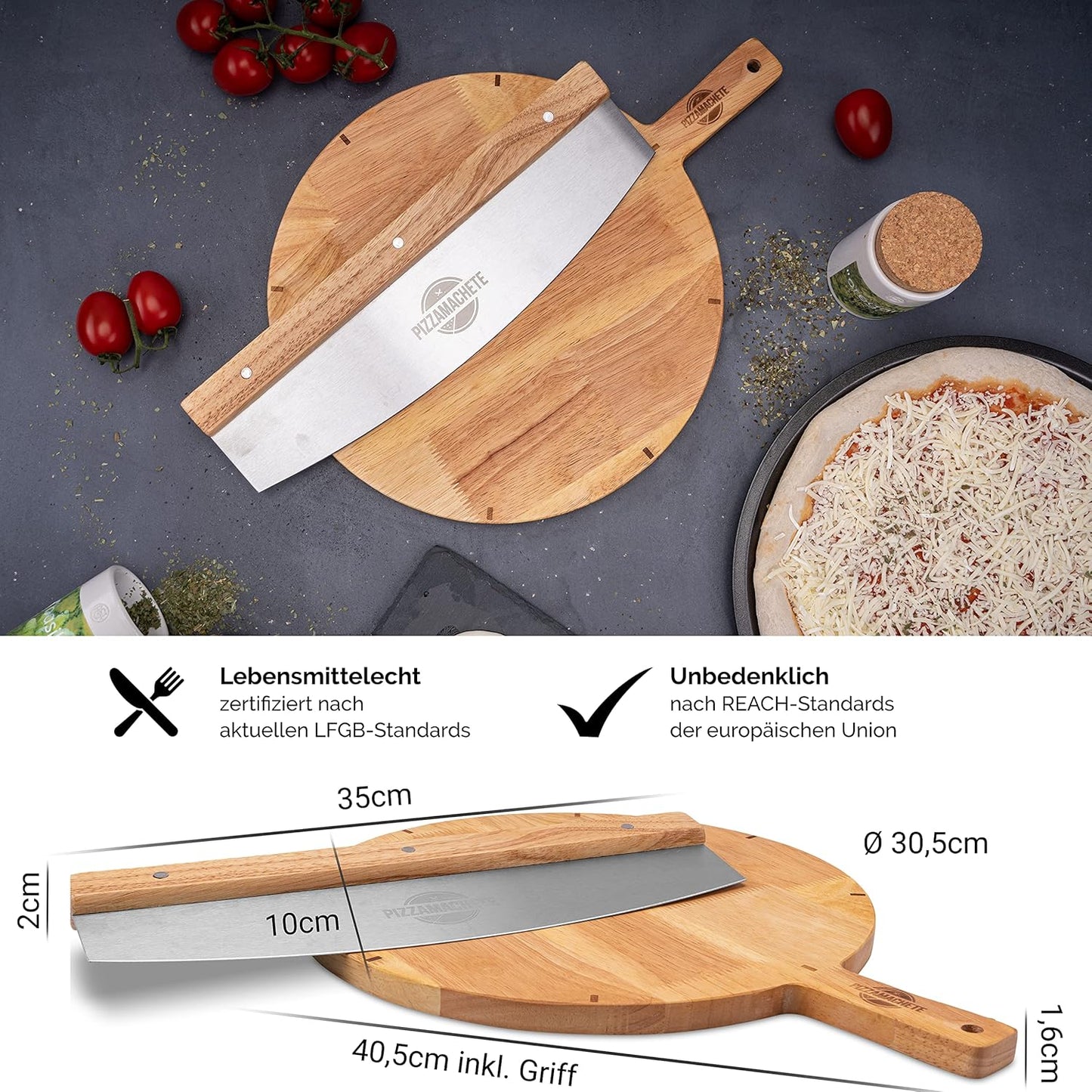 Pizzaschneider-Set mit Wiegemesser und Holzbrett