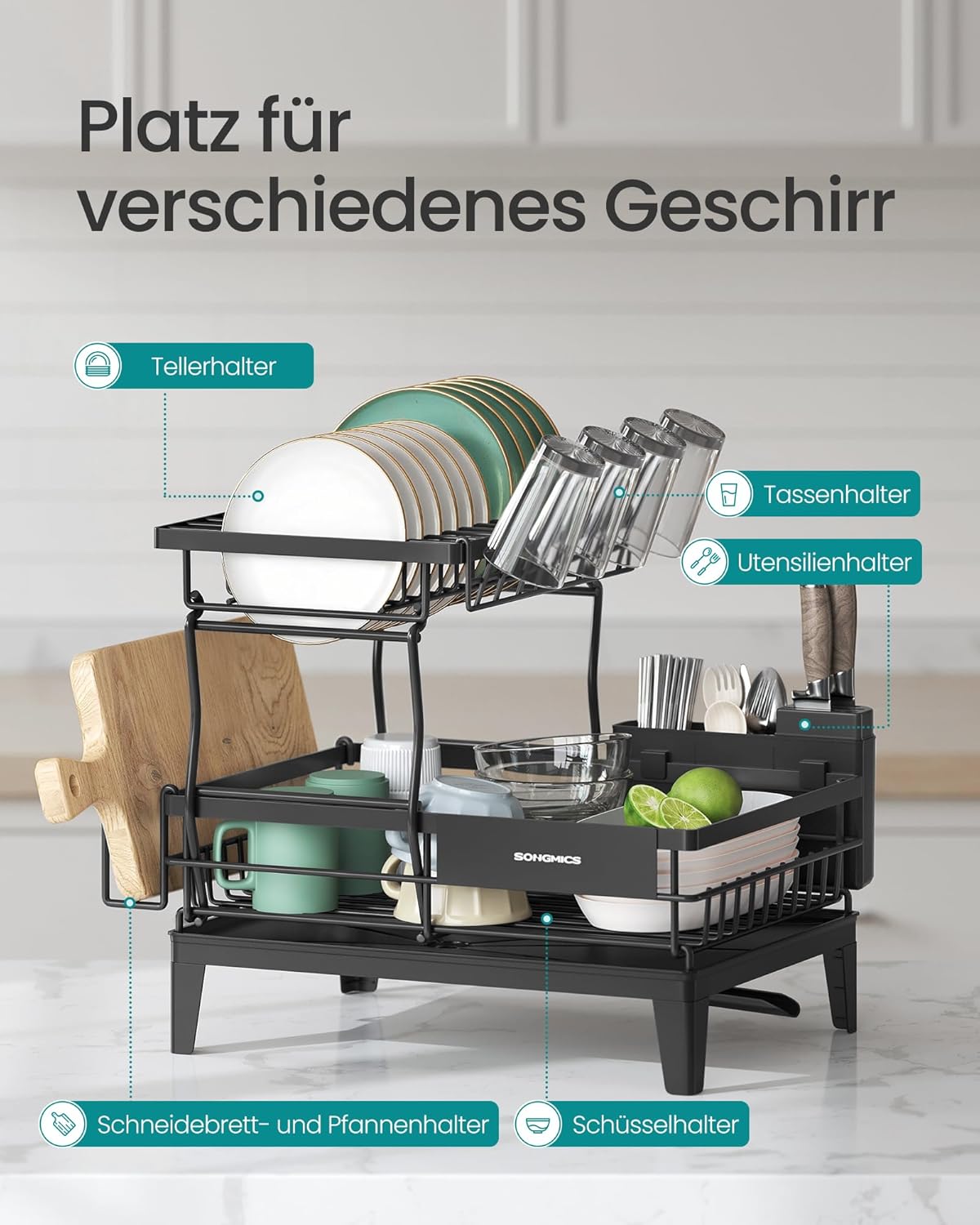 2-stufiger Geschirr-Abtropfständer mit Besteckhalter, Tintenschwarz 2 Stufiger