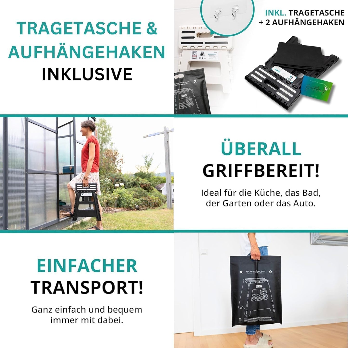 Klappbarer Tritthocker, Anthrazit/Schwarz, 39cm Hoch