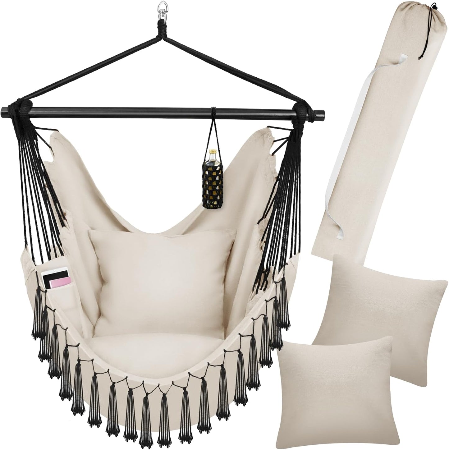 Malika - Hängesessel mit Tabletfach & Getränkehalterung, Beige