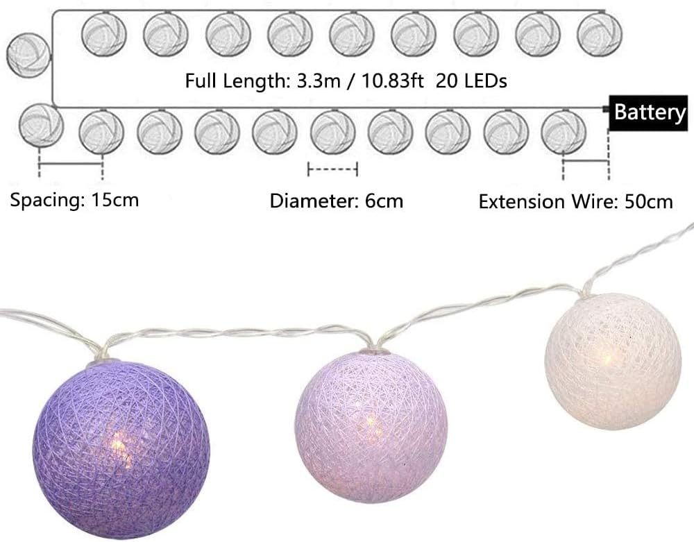 LED-Lichterkette mit 20 Baumwollkugeln, Lila Batterie