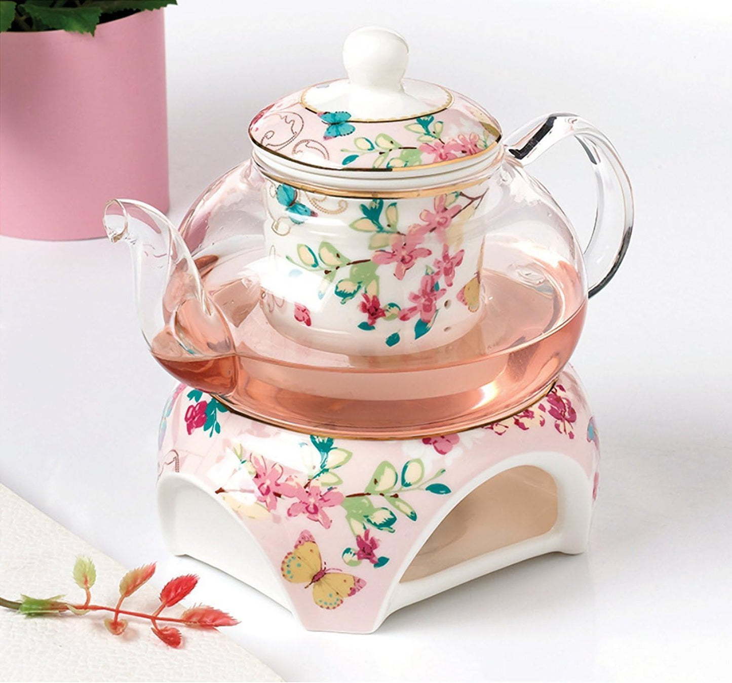 Teekanne mit Stövchen und Teesieb, Rosa