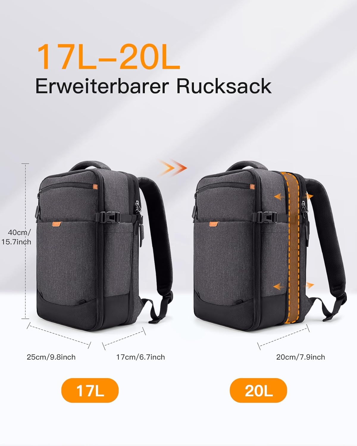 Reiserucksack für Handgepäck, Schwarz 20 Lang