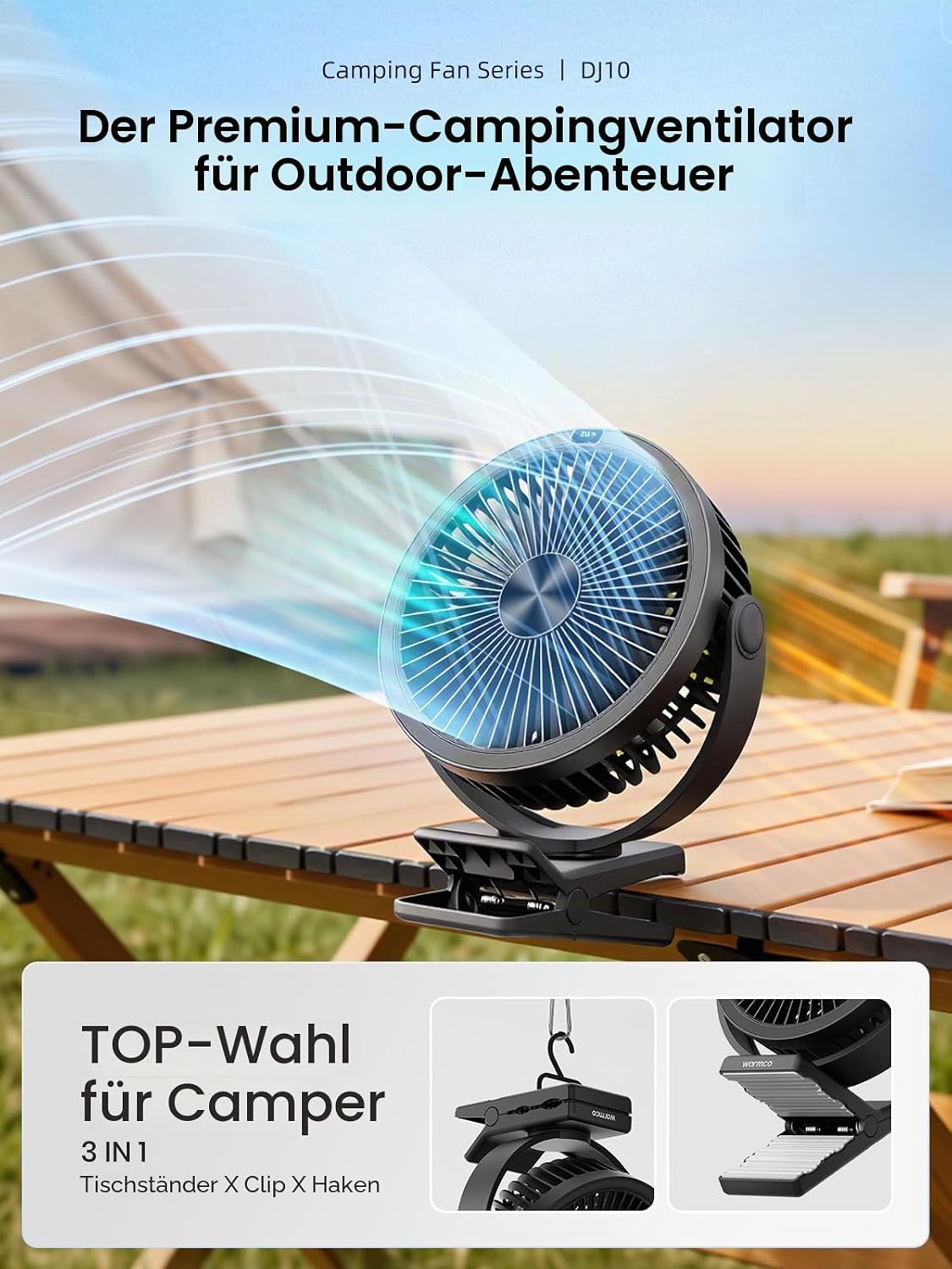 Tragbarer Tischventilator DJ10 mit 720° Drehung & LED-Licht, 10000mAh