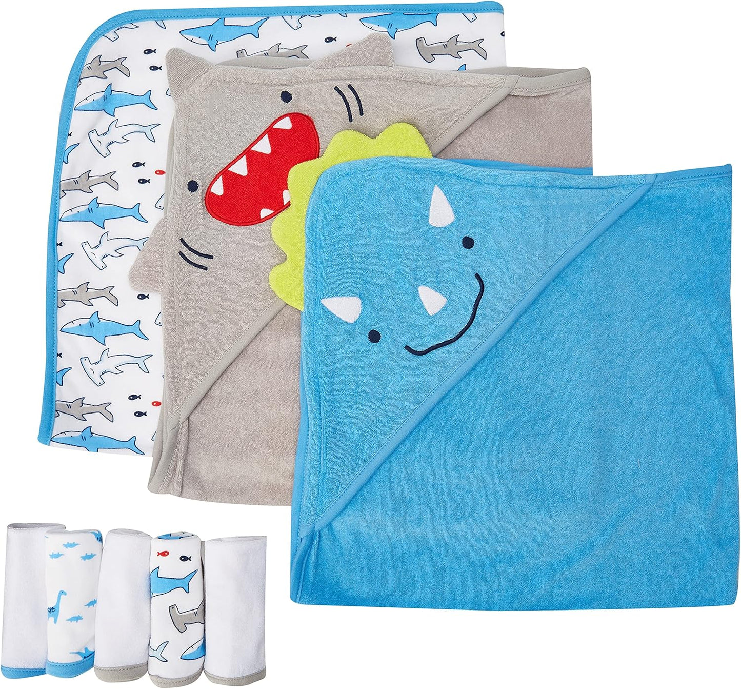8-teiliges Baby Handtuch- und Waschlappen-Set mit Kapuze und Haifisch- & Dino-Motiv, Einheitsgröße Haifisch